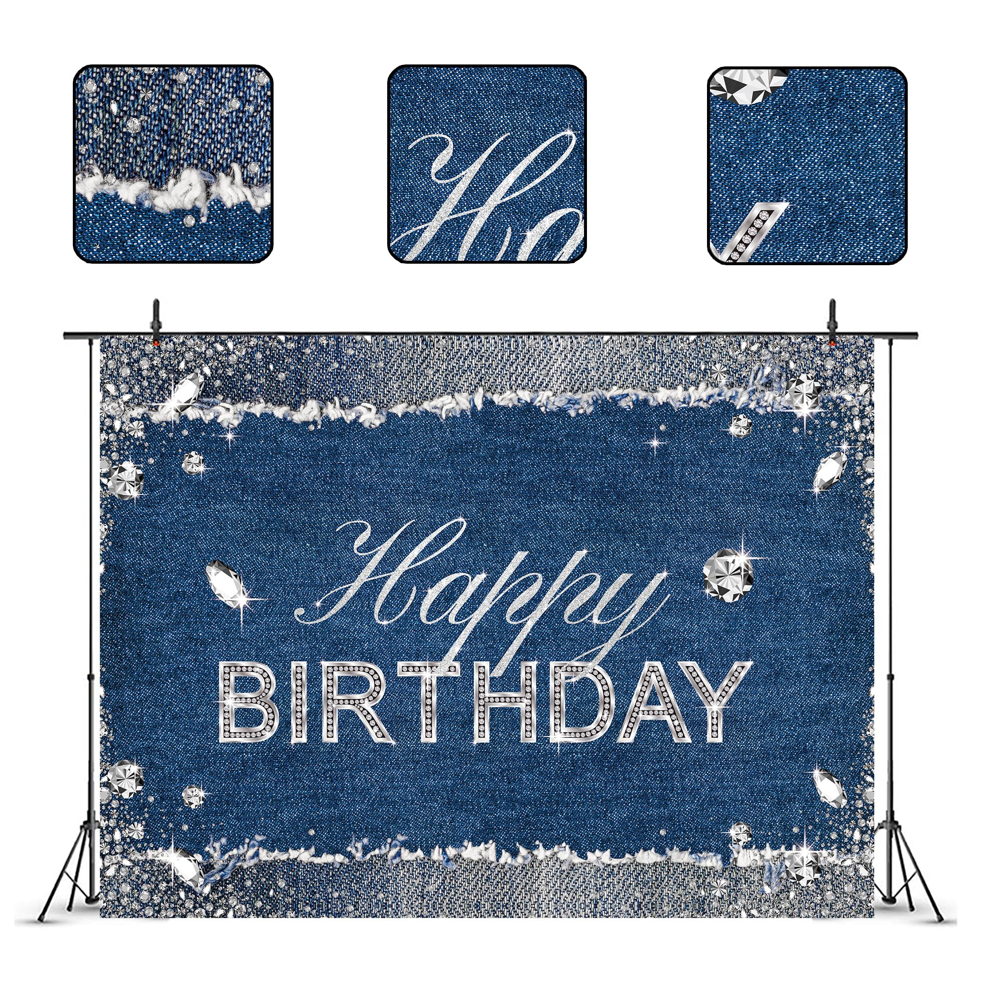 Glawry Denim Diamonds Birthday Backdrop For Photography 8Wx6H Feet Sparkle Shining Navy Blue Modern Luxury Crystal Girls Happy B