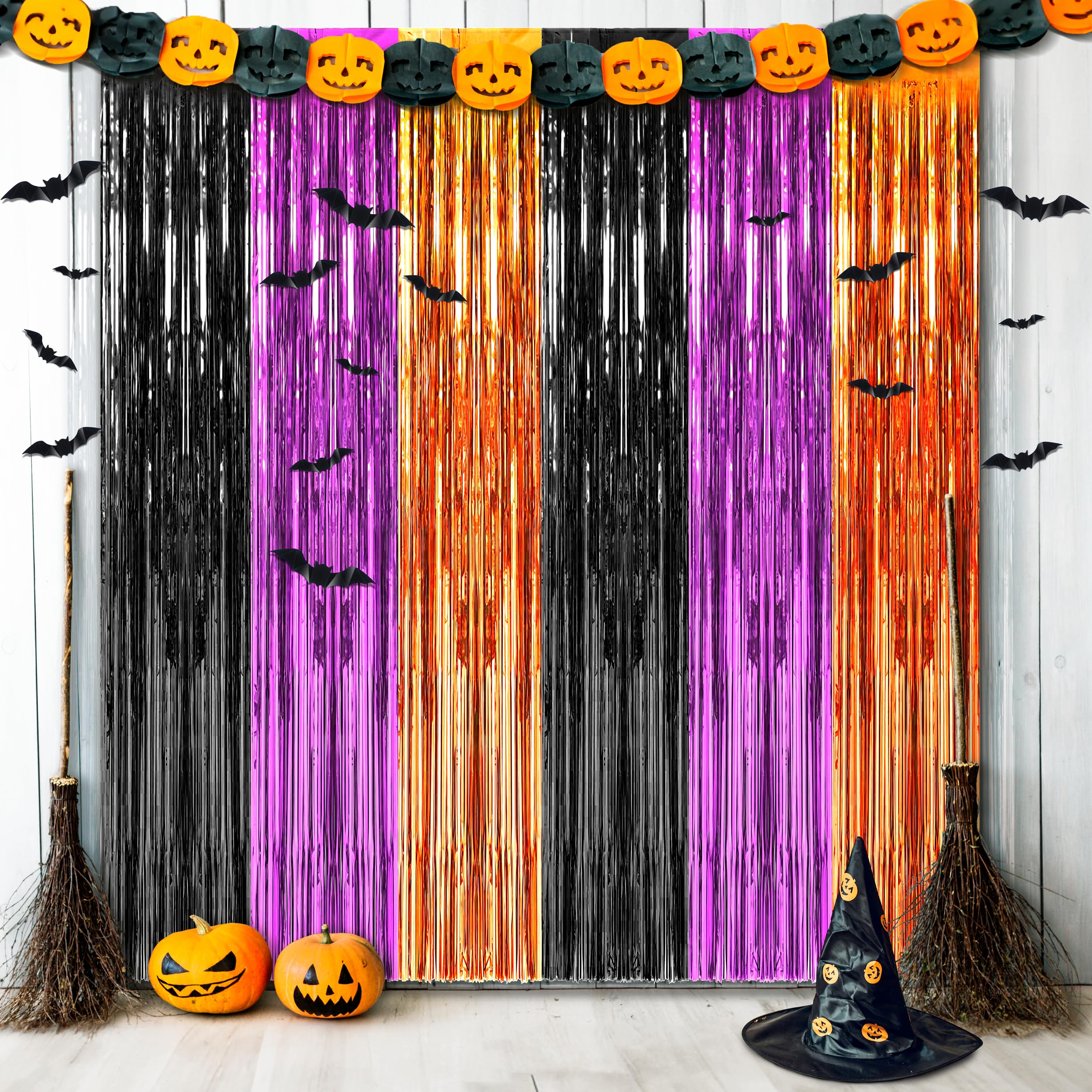 Algpty 3 Pack Halloween Foil Curtains Backdrop With 16 Pcs Halloween Bats, 3.3 X 6.6Ft Orange Purple Black Metallic Tinsel Foil