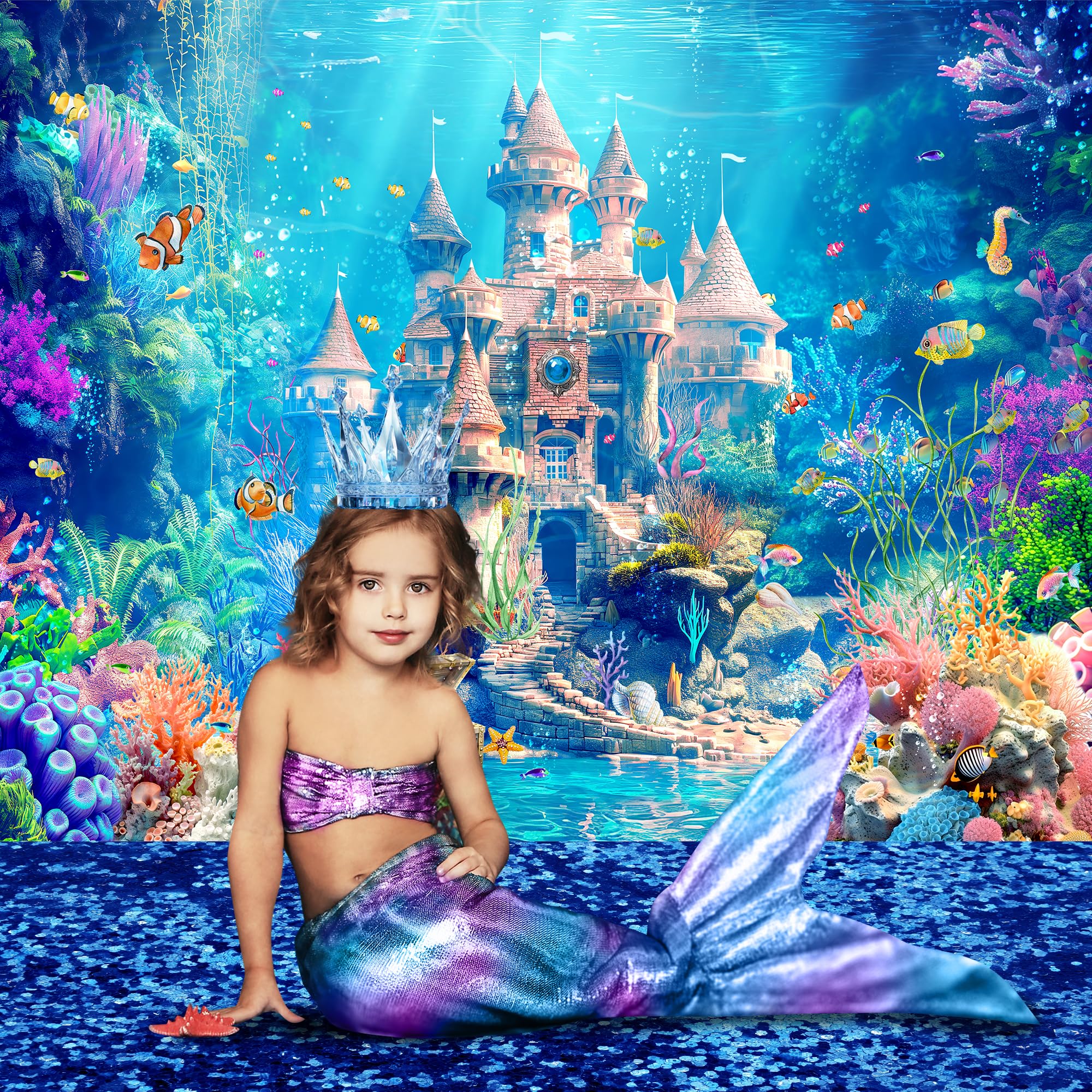 Svbright Ocean Castle Backdrop 7Wx5H Princess Underwater Sea Fairy Birthday Wonderland Aquarium Sea Fish Coral Plant Cute Kids C