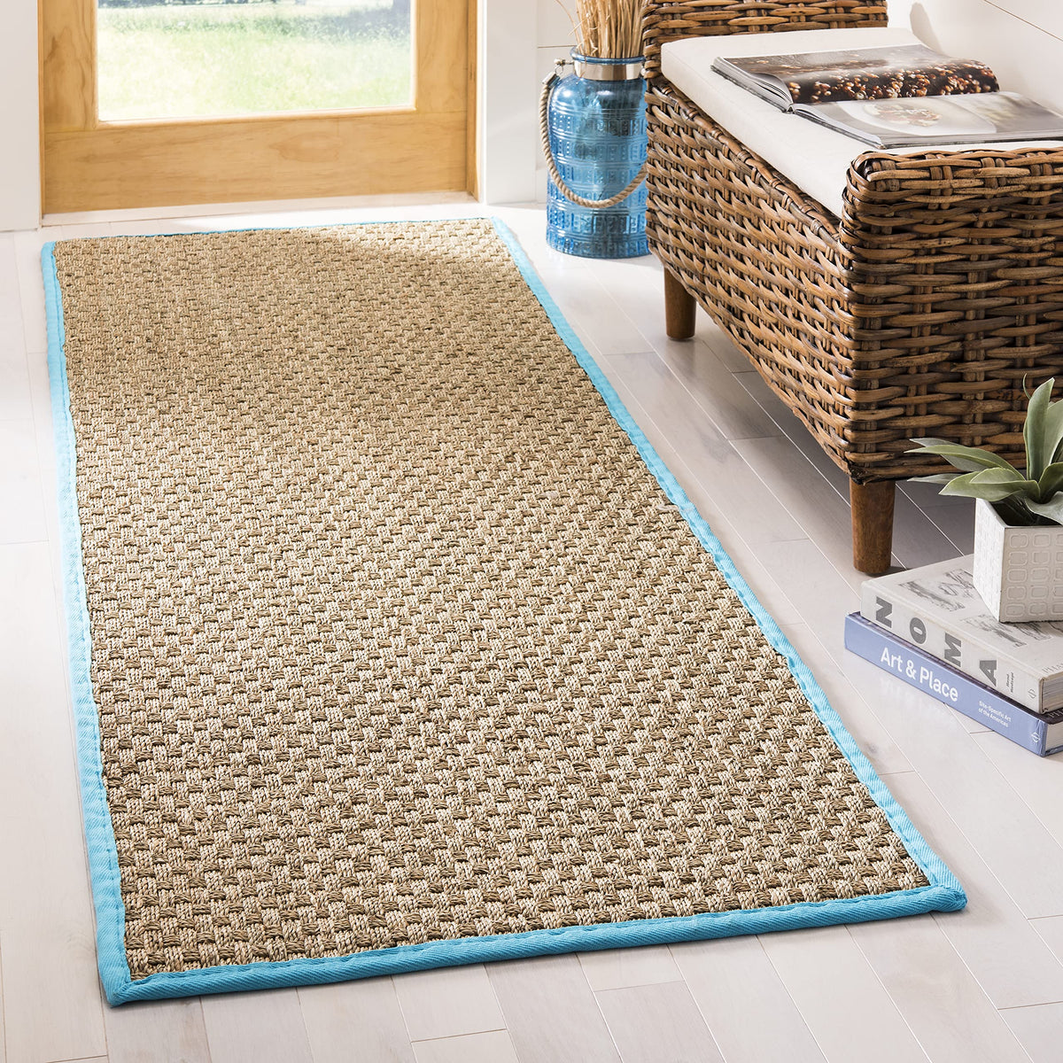 Safavieh Natural Fiber Collection 26 X 8 Turquoise Nf114S Border Basketweave Seagrass Runner Rug