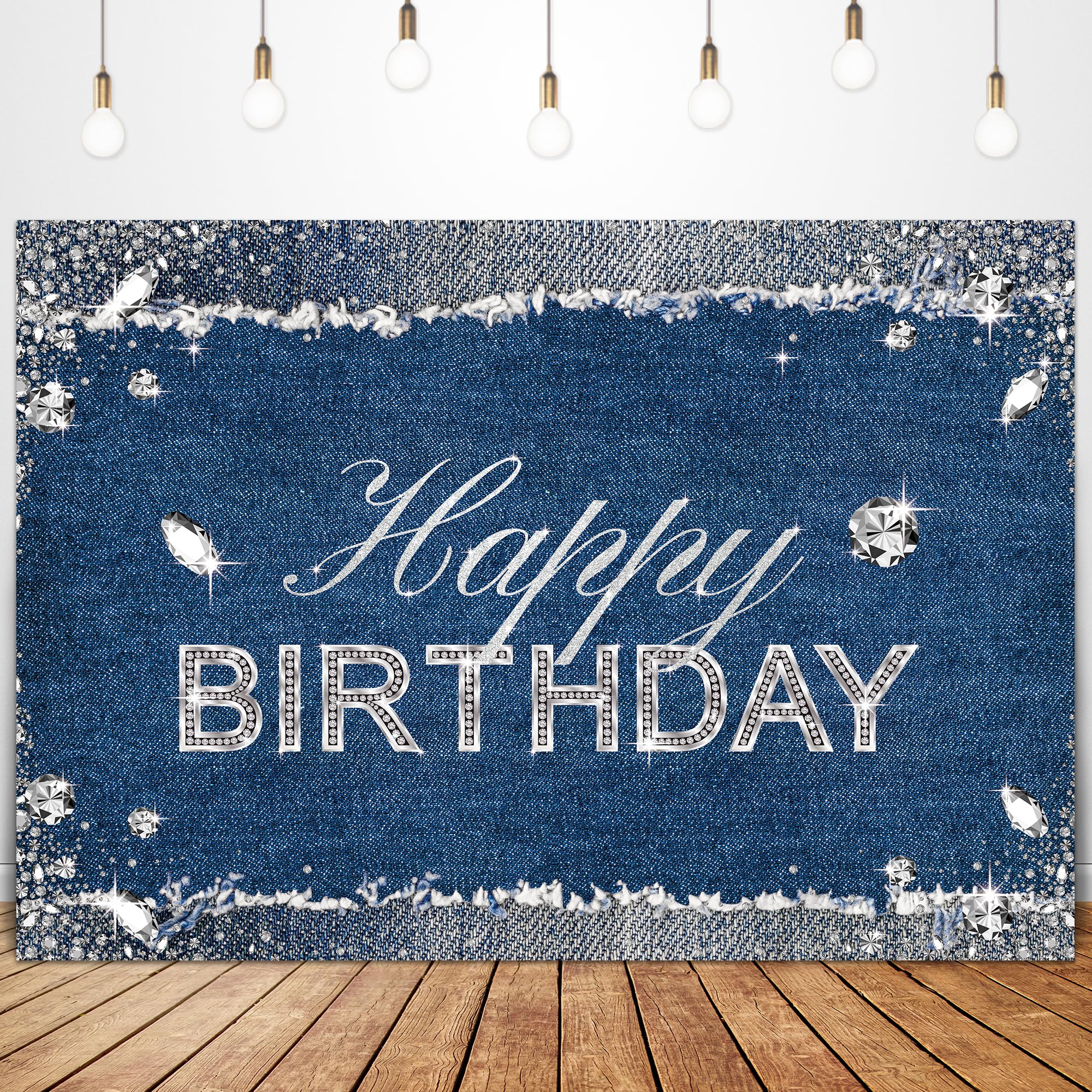 Glawry Denim Diamonds Birthday Backdrop 7Wx5H Feet Sparkle Shining Navy Blue Modern Luxury Crystal Girls Happy Birthday Party De