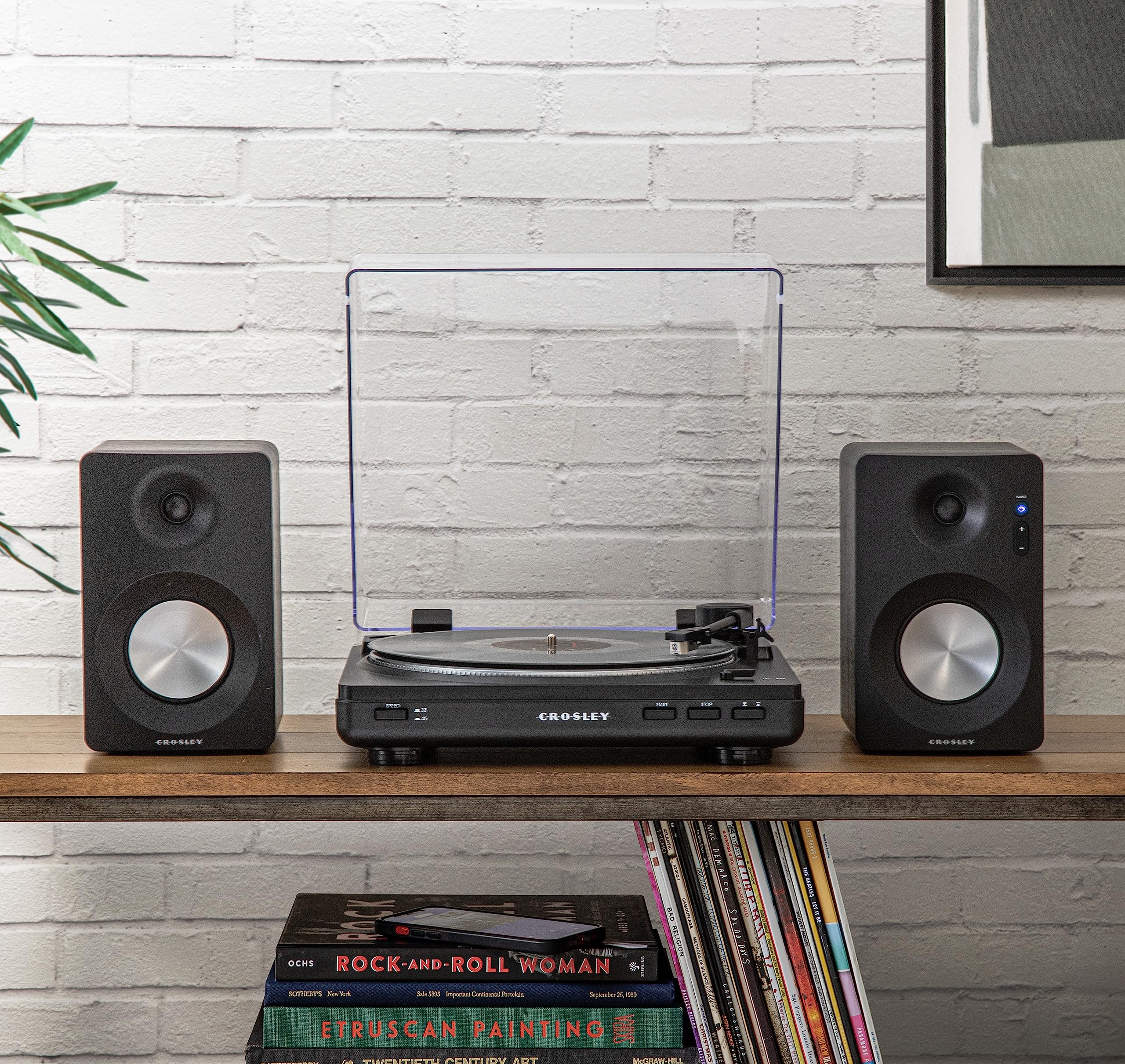 Crosley T400D-Bk Fully Automatic Bluetooth 2-Speed Turntable Record Player With S100A Stereo Speakers, Black