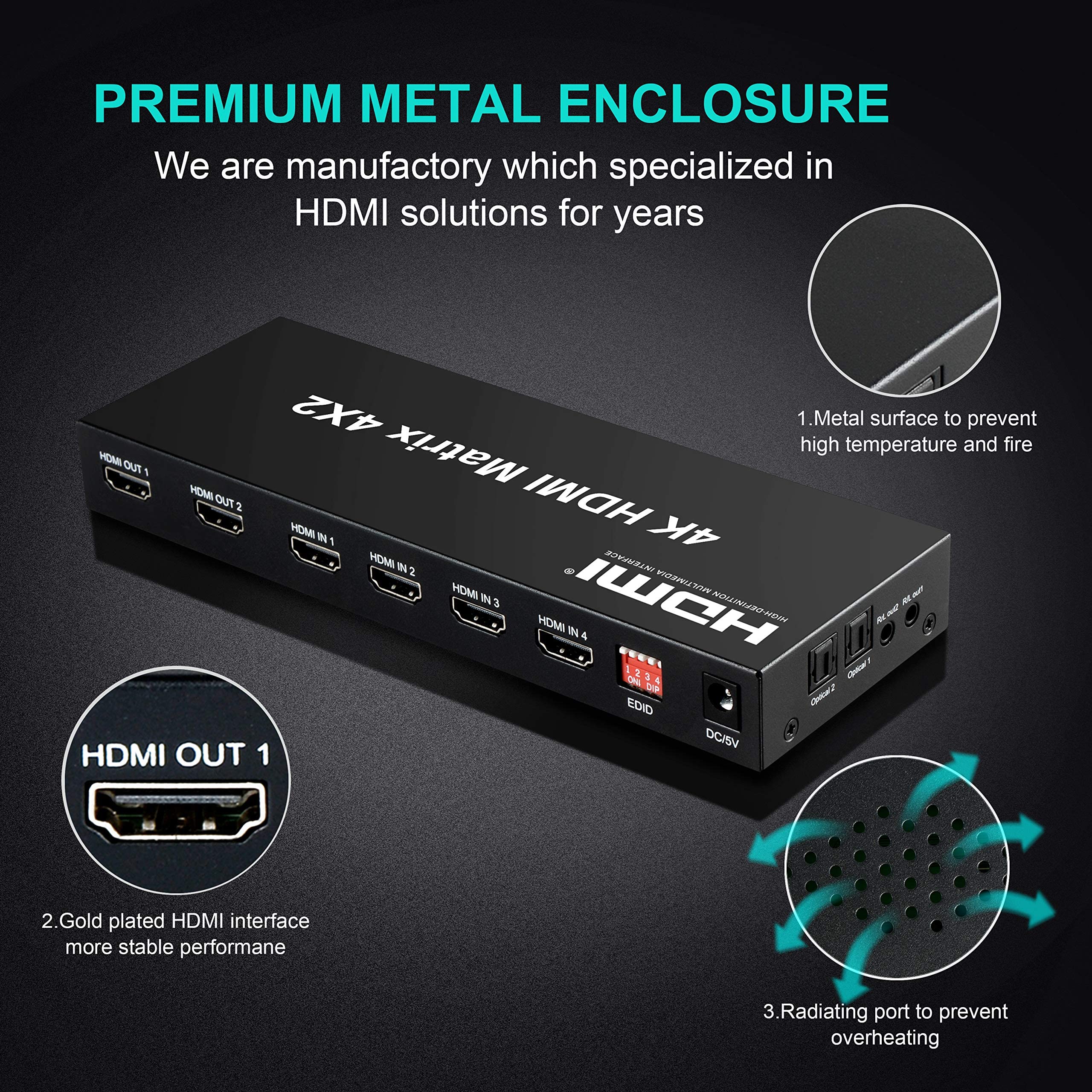 Ferrisa 4X2 Hdmi Matrix Switch,4 In 2 Out Matrix Hdmi Video Switcher Splitter +Optical & L/R Audio Output,Support Ultra Hd 4K,3D