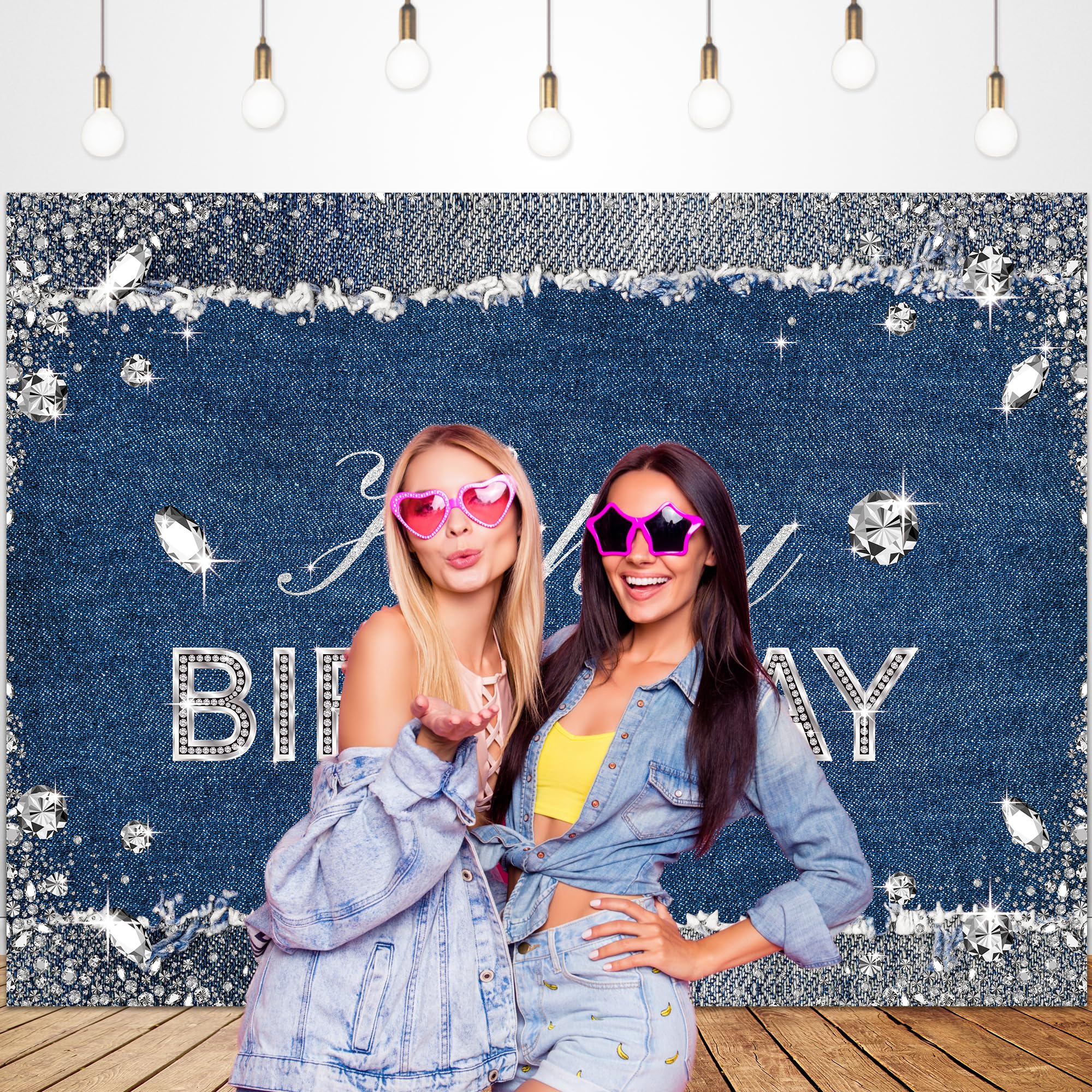 Glawry Denim Diamonds Birthday Backdrop 7Wx5H Feet Sparkle Shining Navy Blue Modern Luxury Crystal Girls Happy Birthday Party De