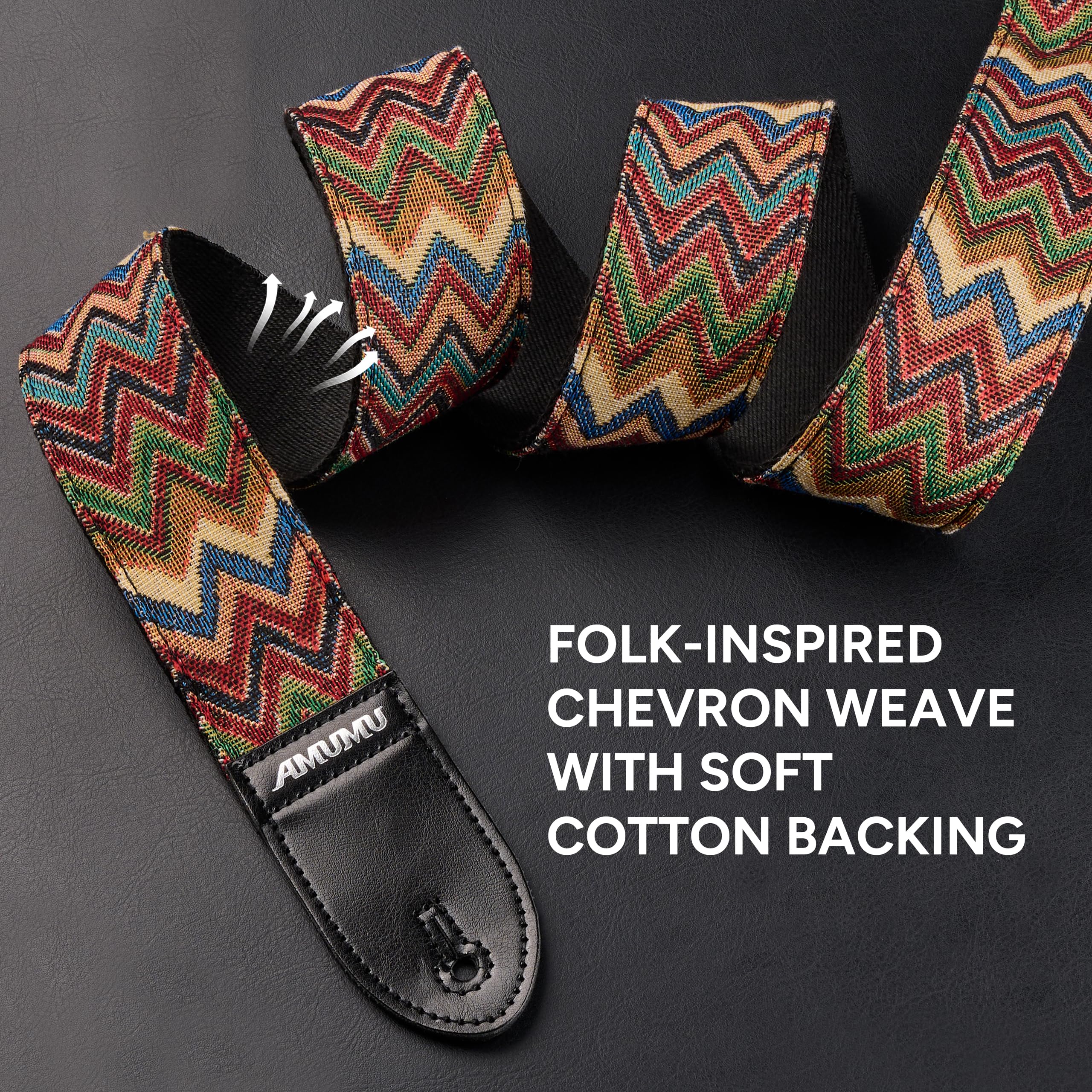 Amumu Chevron Multicolor Guitar Strap For Acoustic, Electric And Bass Guitar - Includes Strap Blocks And Headstock Tie, Adjustab
