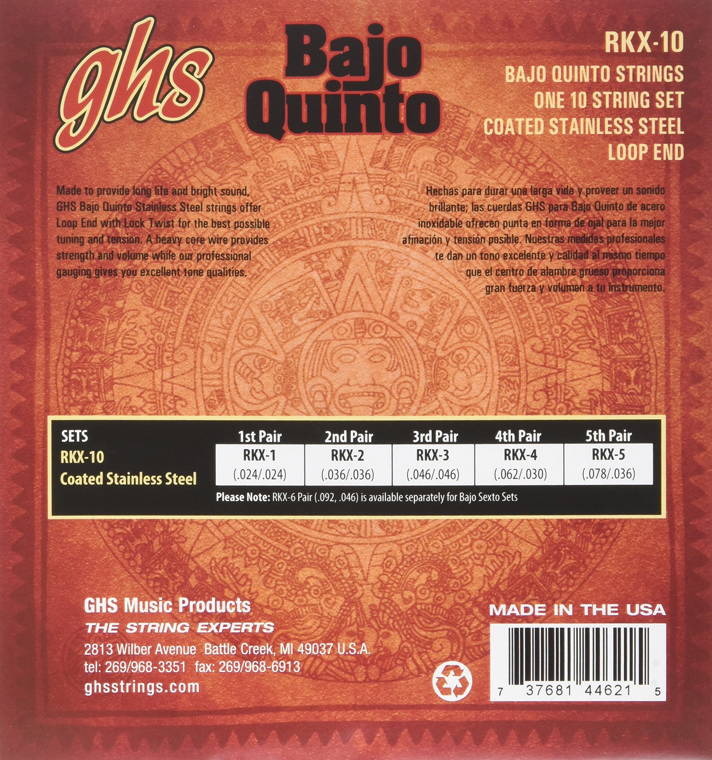Ghs Strings Rkx 10 Red Coated Stainless Steel Bajo Quinto Strings, Loop End   Cuerdas Rojas