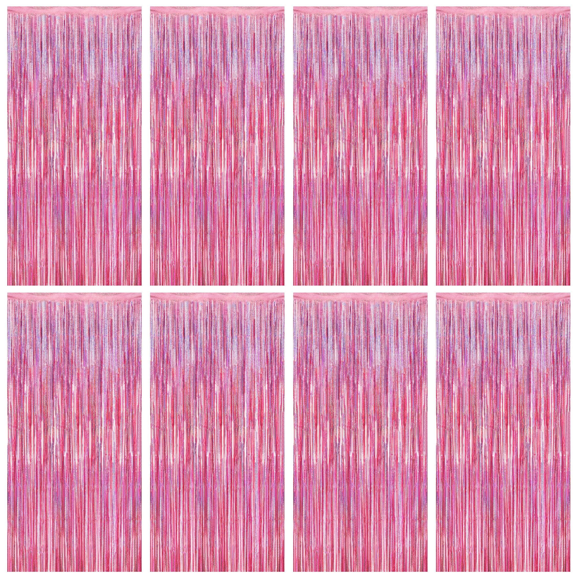 8 Pack Pink Backdrop, 3.28 FT x 7.05 FT Fringe Curtains, Metallic Glitter Pink Fringe Party Streamer Foil Curtains Tinsel Backdr