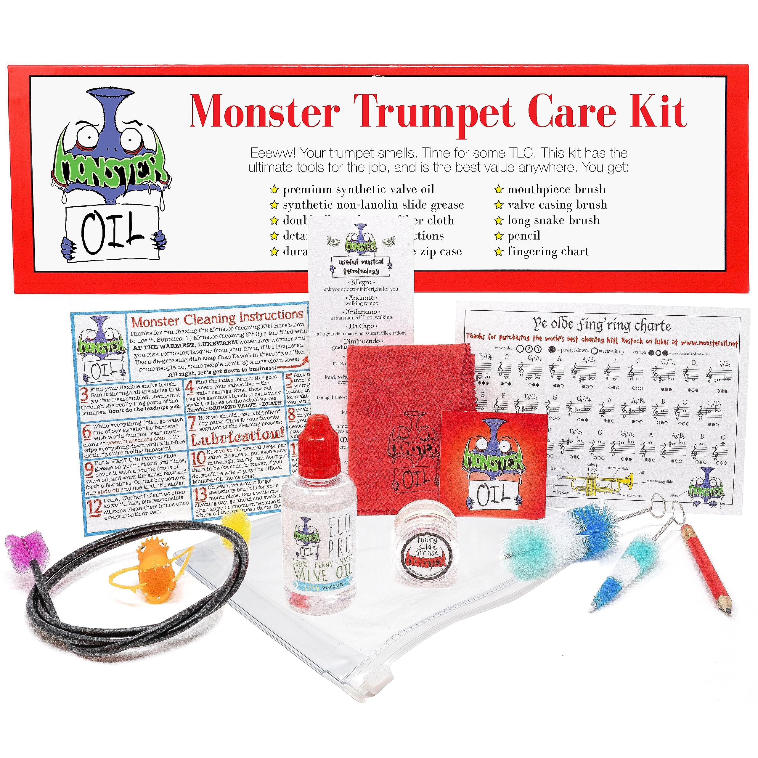 Monster Trumpet Cleaning Kit | Usa Based And Veteran Owned! | Valve Oil, Slide Grease, And More To Take Care Of And Clean Your T