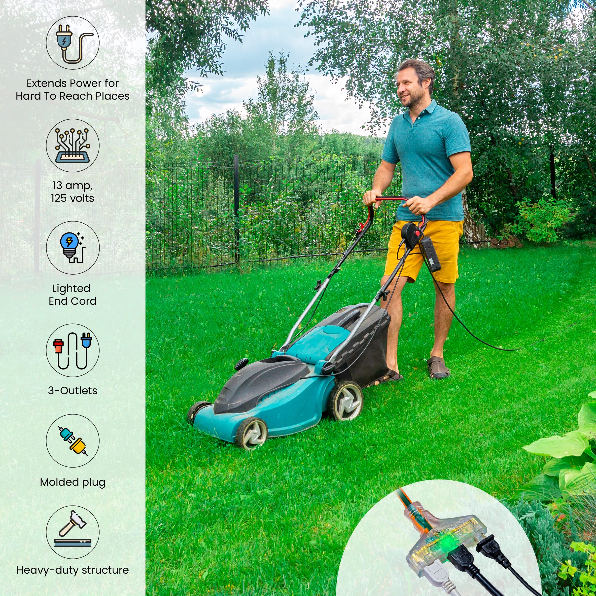 Gogreen Power (Gg 15150) 14/3 50 Sjtw 3 Outlet Heavy Duty Extension Cord, Lighted End, 50 Ft