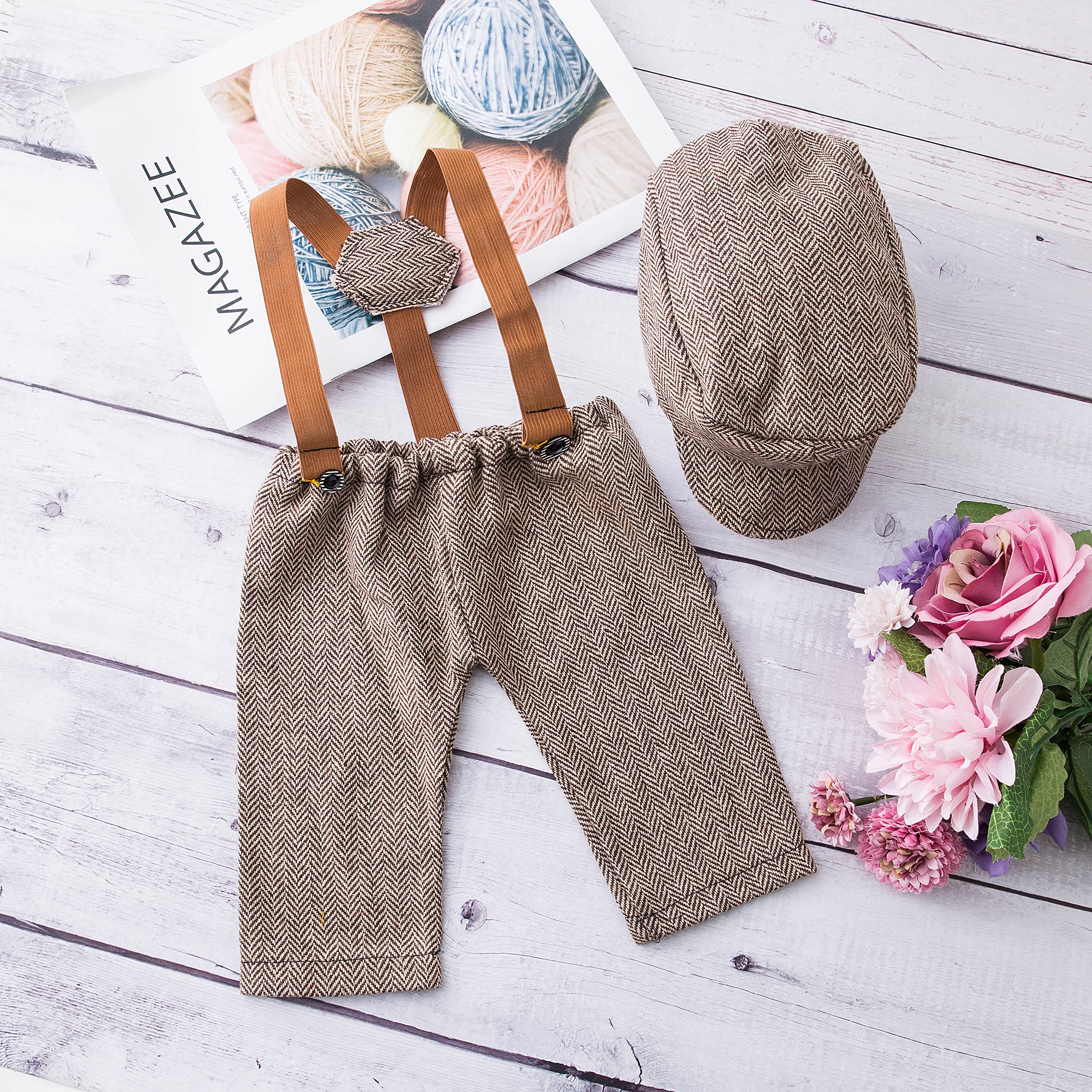 Newborn Monthly Baby Photo Props Stripe Cool Boys Cap Rompers Photography (Coffee)