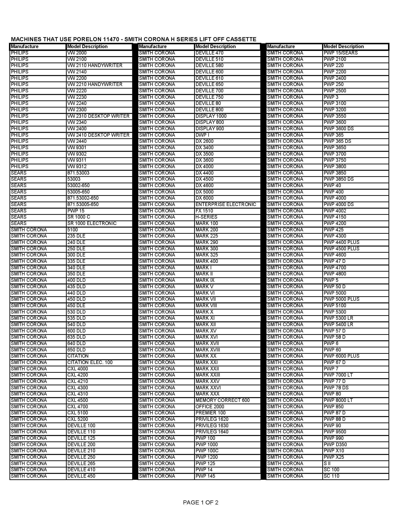 Porelon 11470 H Series Smith Corona Lift Off Typewriter Cassette, 1 Pack