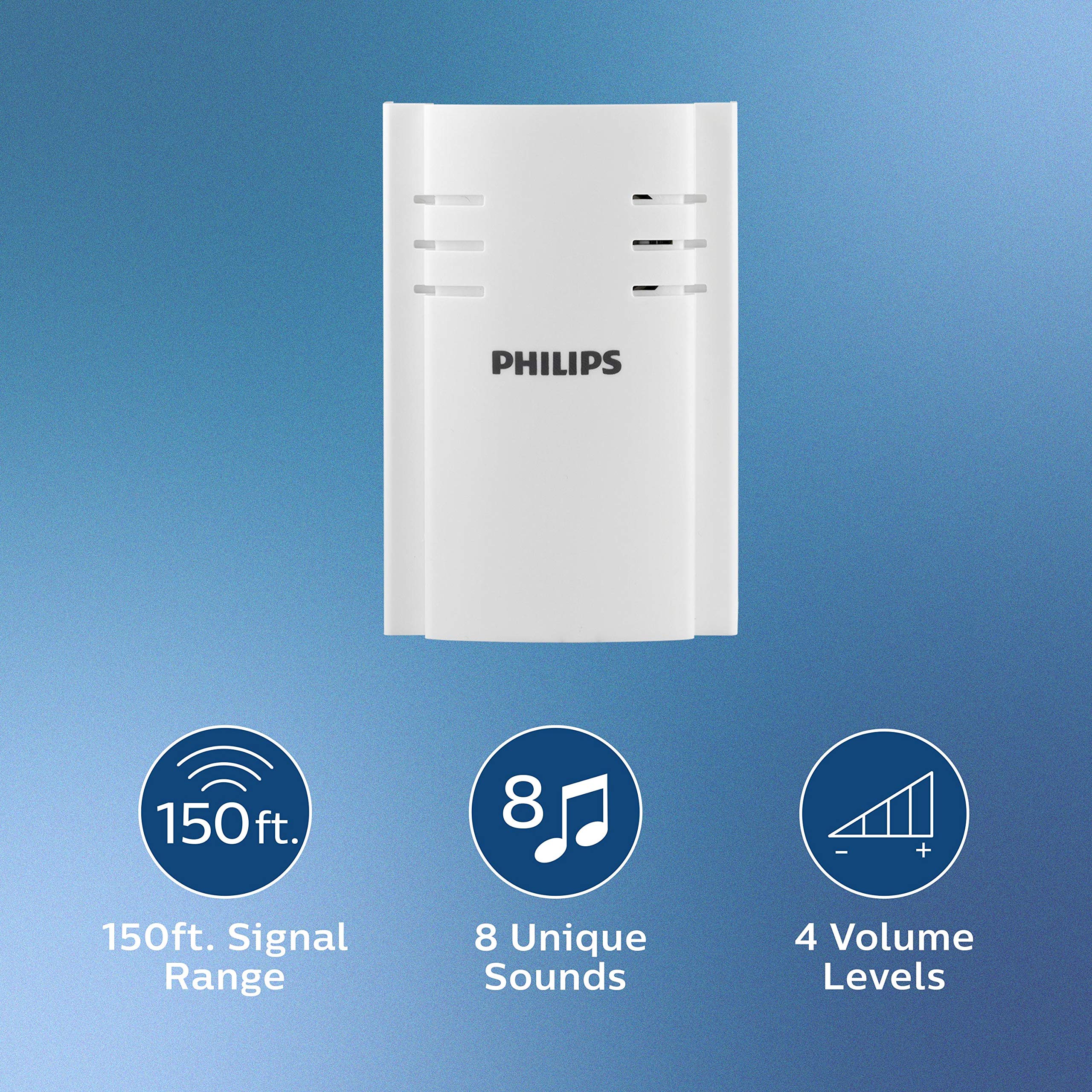 Philips Wireless Doorbell Kit, Plug In Reciever, 2 Push Buttons, 8 Melodies, 4 Volume Levels, 150 Ft Range, White, Des2280W/27