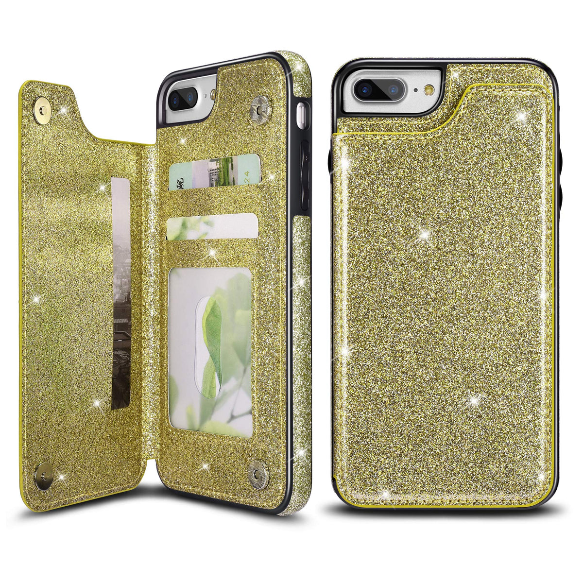 Ueebai Case For Iphone 6 Plus 6S Plus, Premium Glitter Pu Leather Case Back Wallet Cover [Two Magnetic Clasp] [Card Slots] Stand