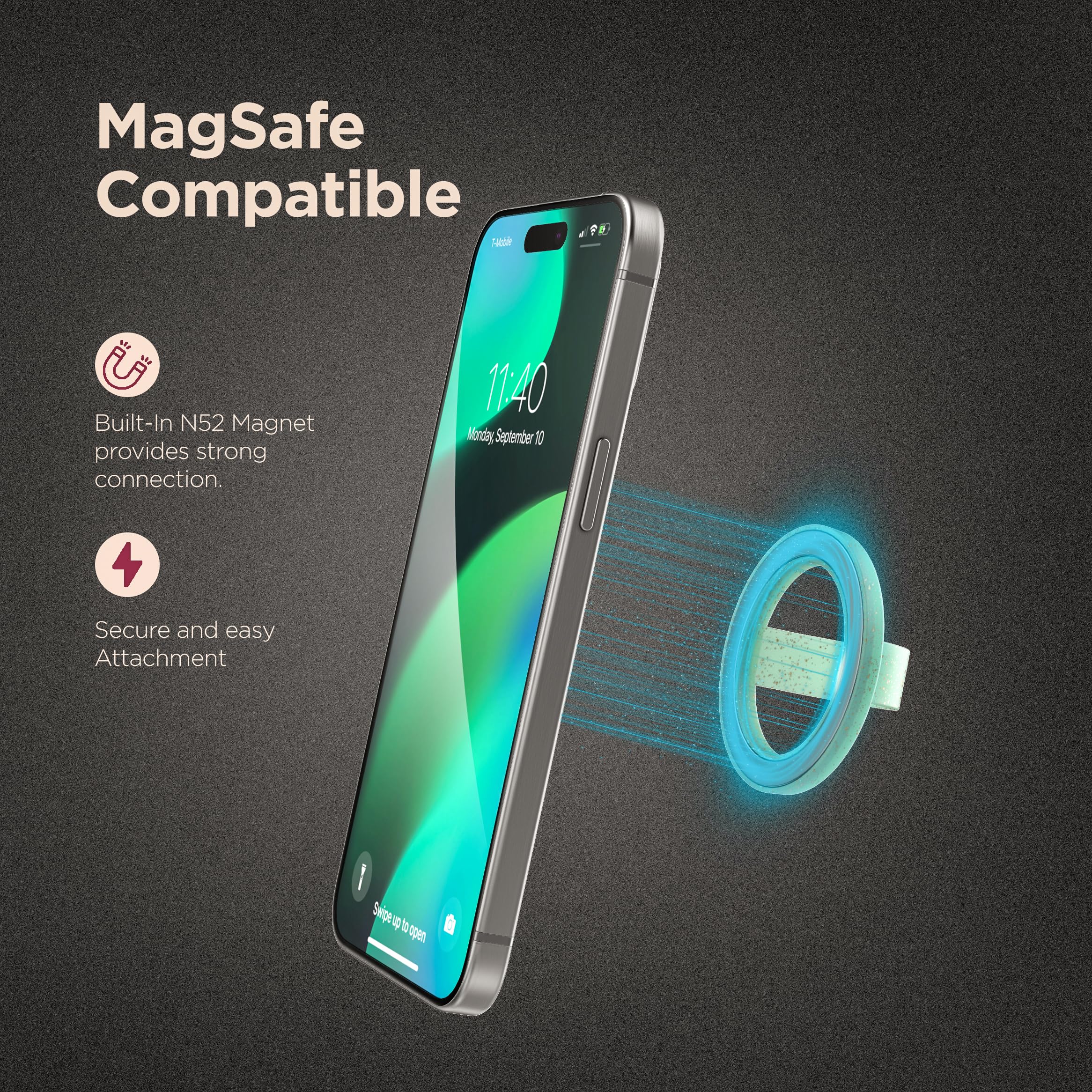 Encased Magnetic Phone Grip Holder (Compatible With Magsafe) Thin Silicone Finger Loop Ring For Iphone (Mint Glitter)