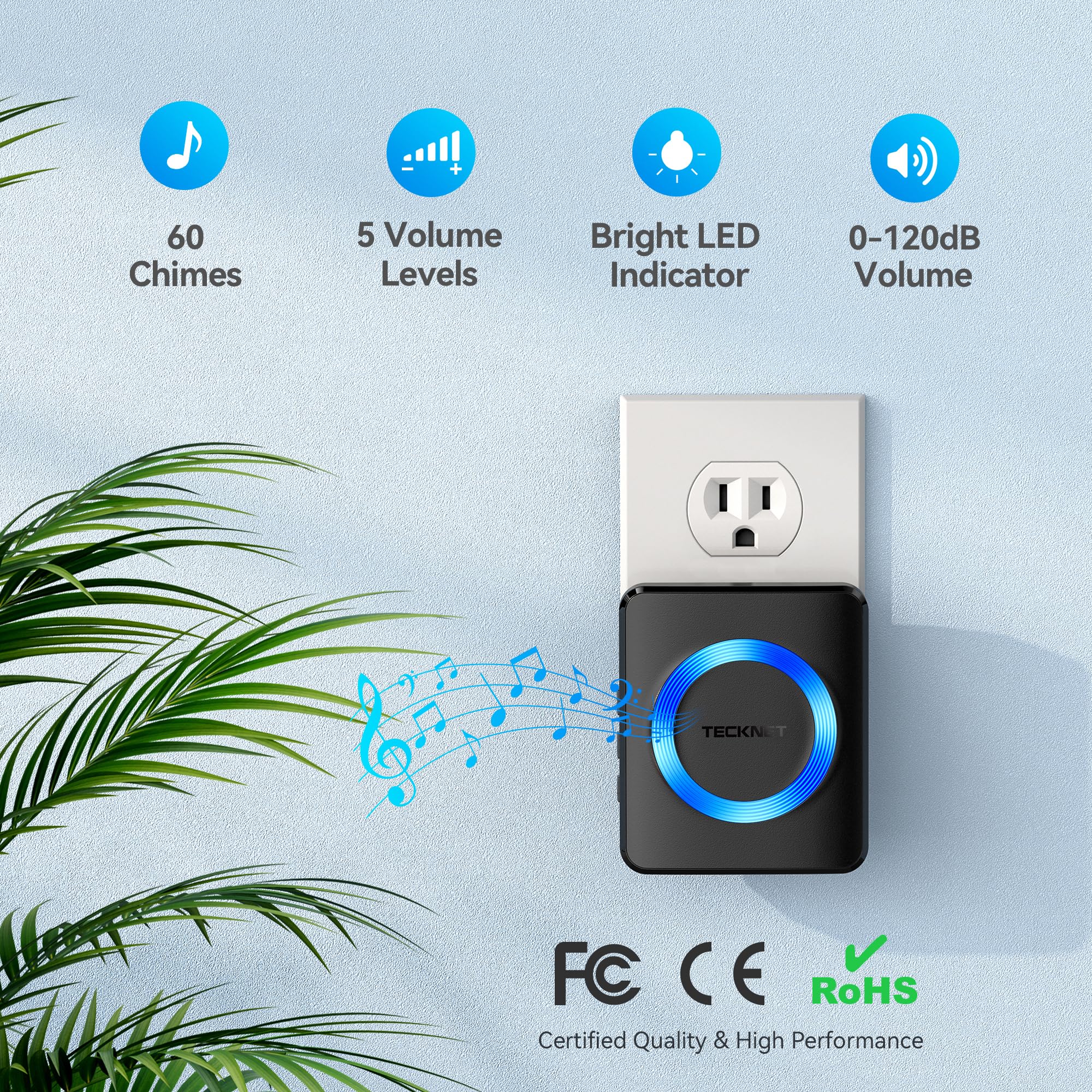 Tecknet Wireless Doorbells For Home, Ip65 Waterproof 1,300Ft 120Db Door Bell Ringer Wireless For Classroom With 60 Chimes & 5 Volume Levels, Led Flash