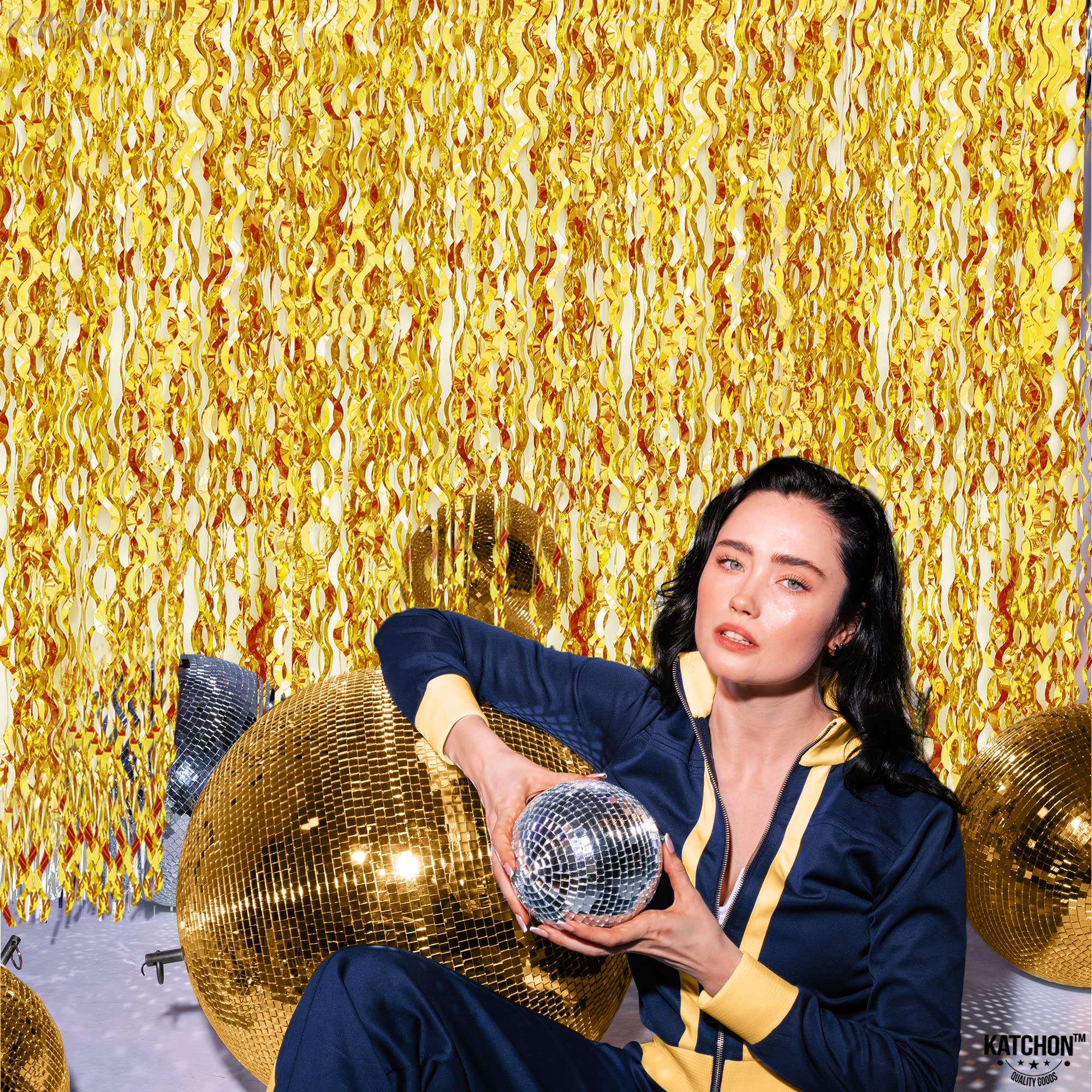 Katchon, Large Wave Gold Backdrop Curtain   3.2X6.5 Feet, Pack Of 2 | Gold Streamers For Happy New Year Backdrop | Gold Fringe B