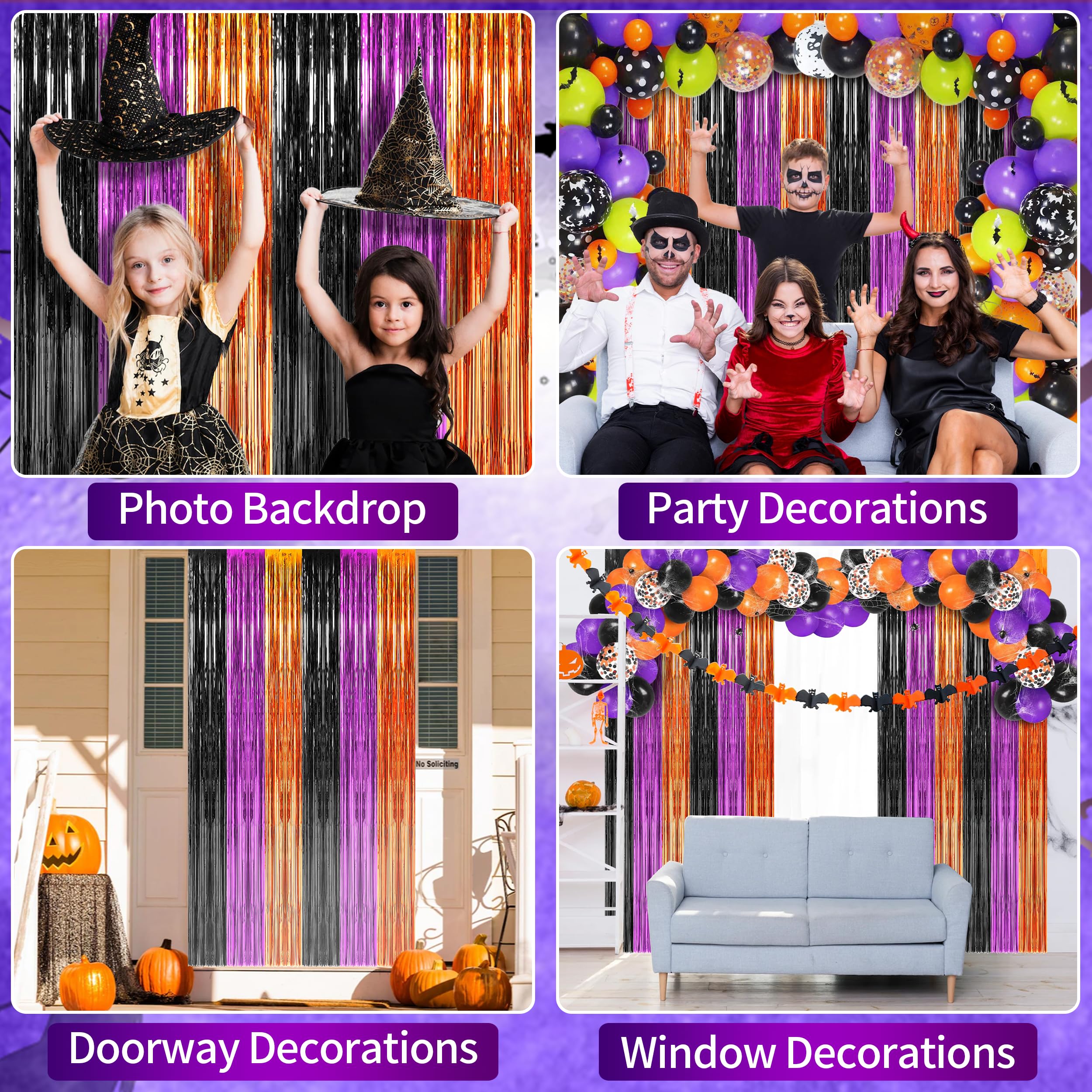Algpty 3 Pack Halloween Foil Curtains Backdrop With 16 Pcs Halloween Bats, 3.3 X 6.6Ft Orange Purple Black Metallic Tinsel Foil