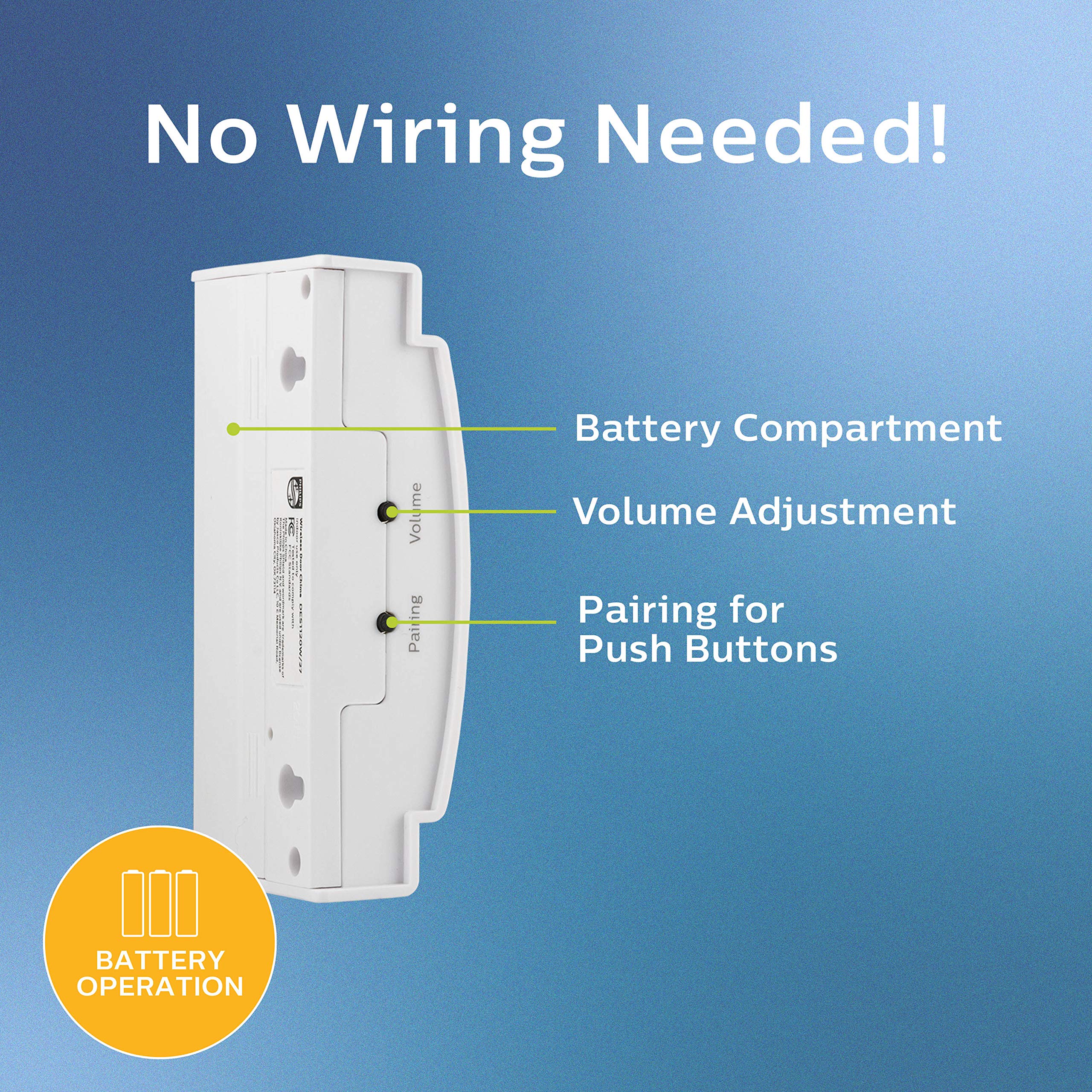 Philips Wireless Doorbell Kit, Battery Operated Reciever, 1 Push Button, 2 Melodies, 4 Volume Levels, 150 Ft Range, White, Des11