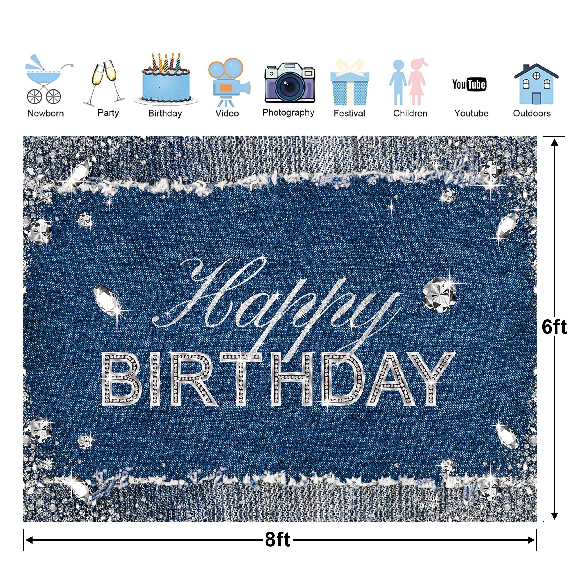 Glawry Denim Diamonds Birthday Backdrop For Photography 8Wx6H Feet Sparkle Shining Navy Blue Modern Luxury Crystal Girls Happy B