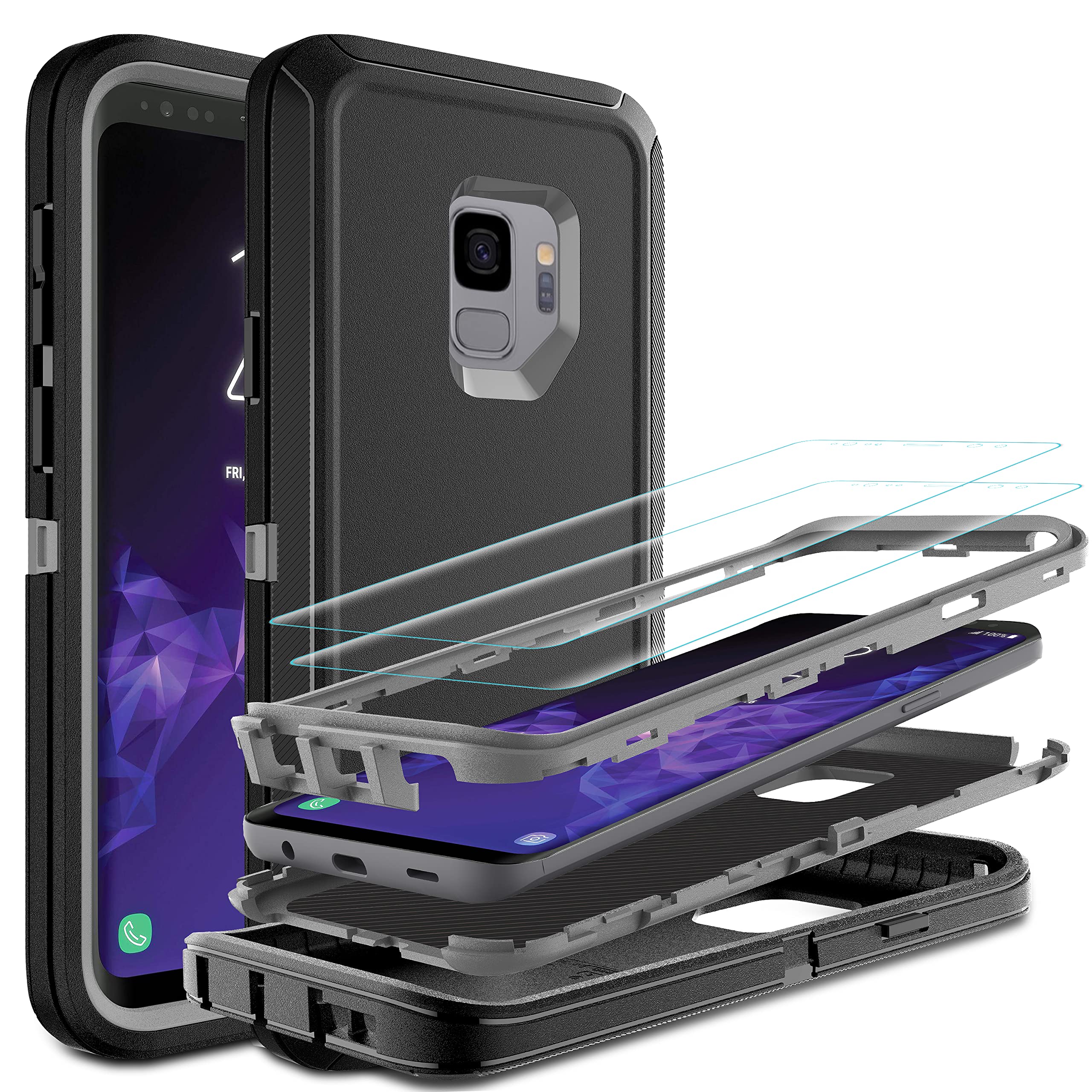 Hong Amy For Galaxy S9 Case, Samsung Galaxy S9 Case With Self Healing Flexible Tpu Screen Protector [2 Pack], 3 In 1 Full Body S