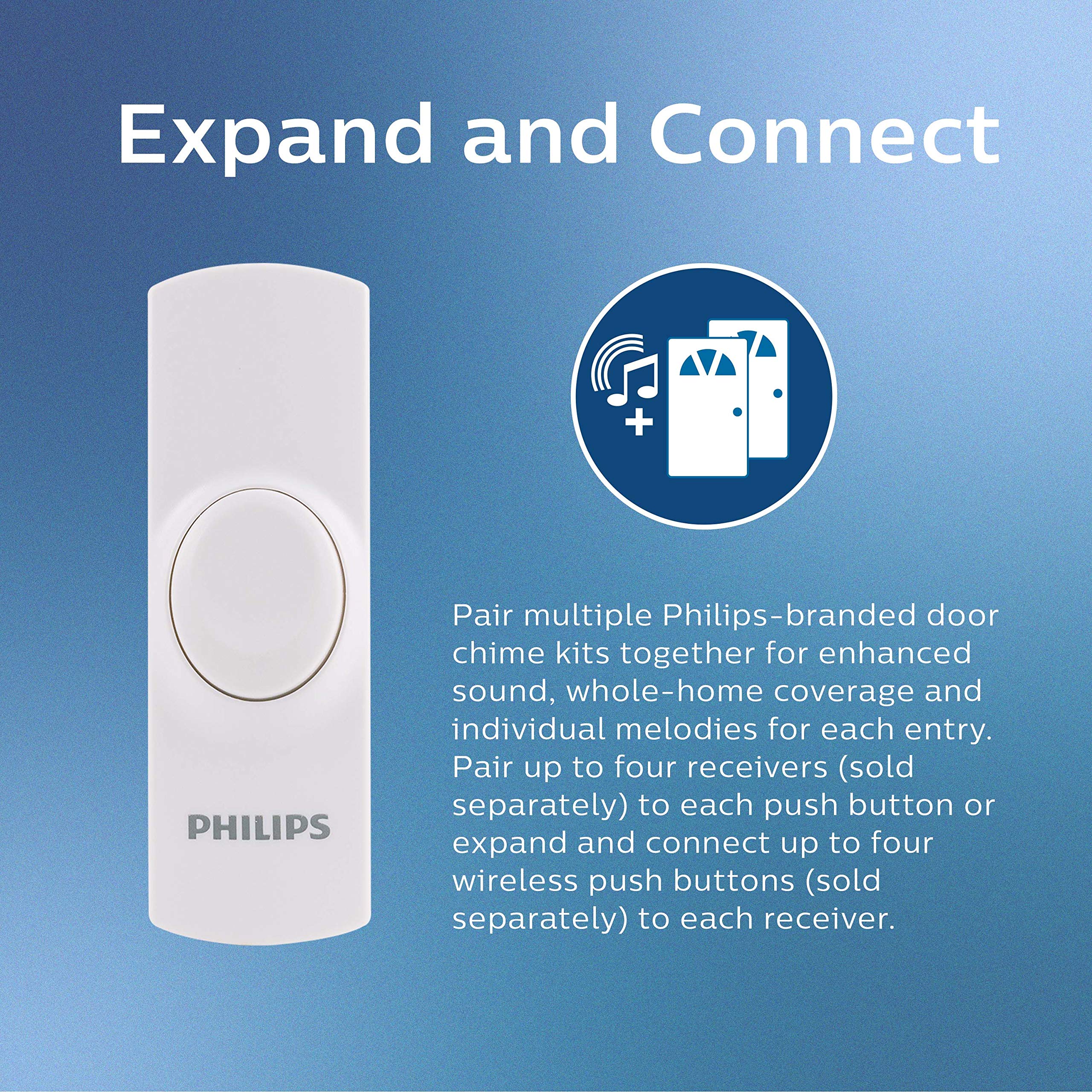Philips Wireless Doorbell Kit, Plug In Reciever, 1 Push Button, 2 Melodies, 4 Volume Levels, 150 Ft Range, White, Des2120W/27