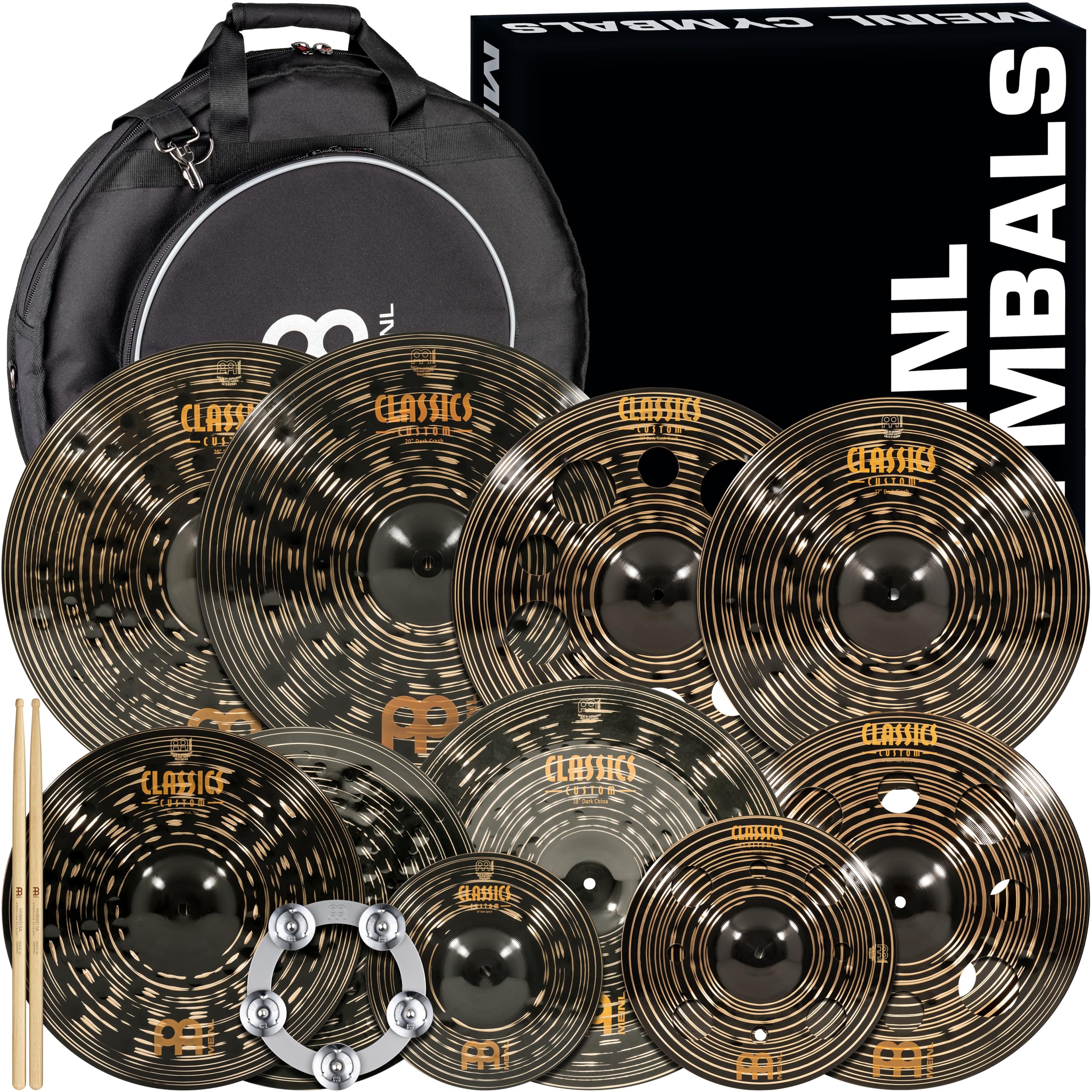 Meinl Cymbals Classics Custom Dark Supreme Box Set for Drums with Bag, Ching Ring, Sticks, 9-pc 10/12/15/16/17/18/18/20/20-inch,