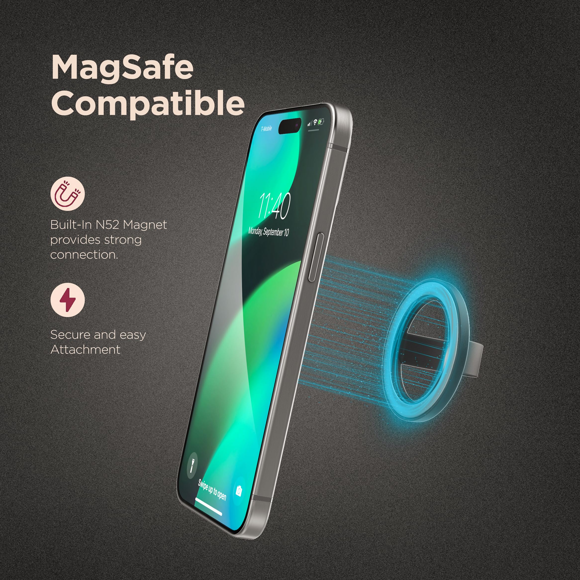 Encased Magnetic Phone Grip Holder (Compatible With Magsafe) Thin Silicone Finger Loop Ring For Iphone (Black)