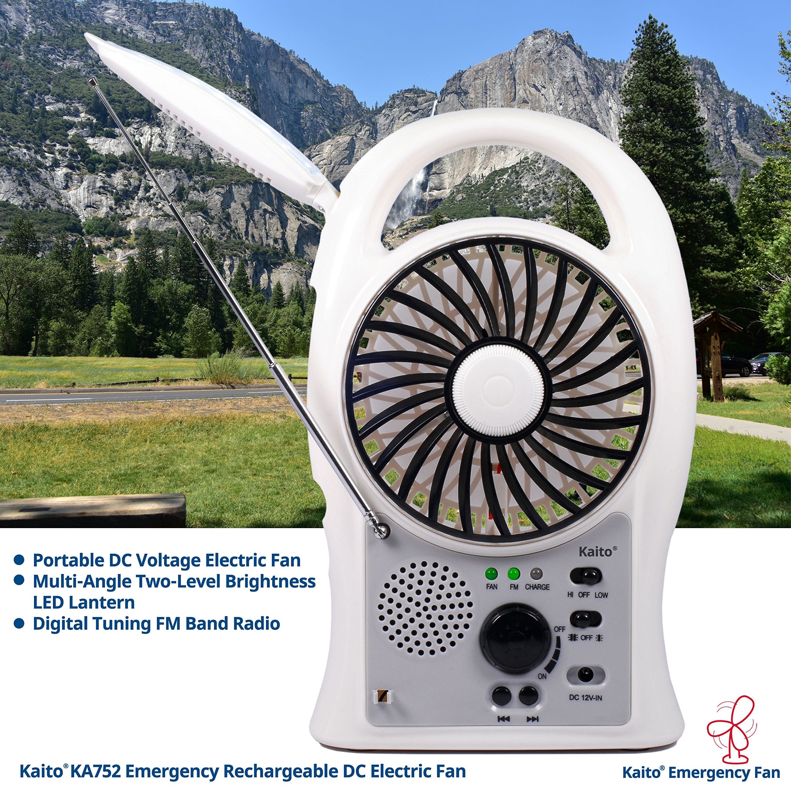 Kaito Portable Electric Fan 3-In-1 Ka752 Rechargeable 5 2-Speed Battery-Powered Personal Fan With Scan Fm Radio & 24-Led Camping