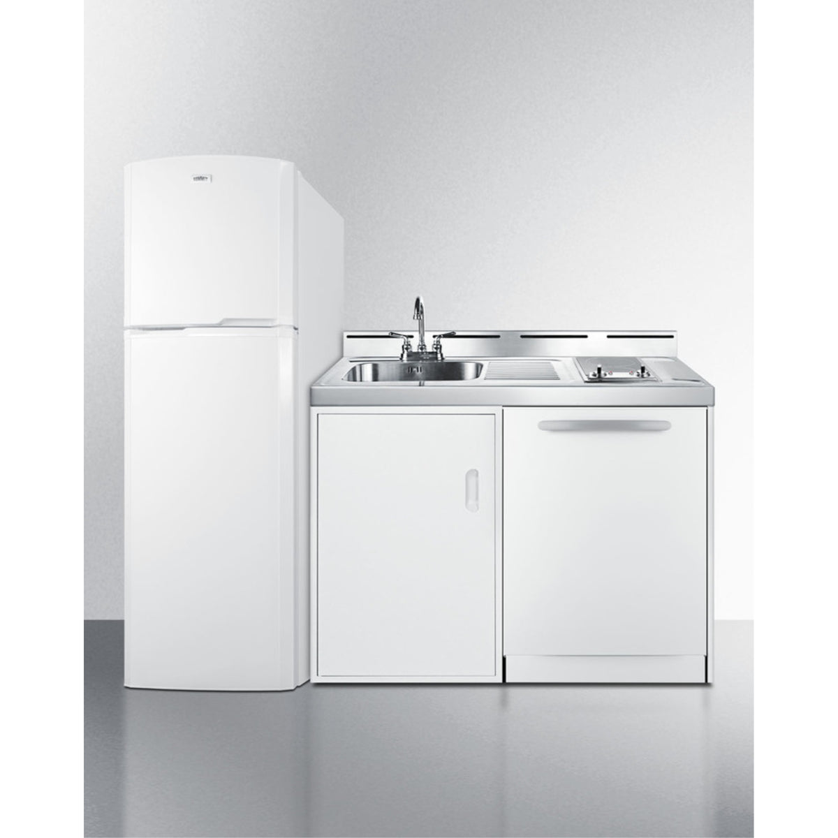 All In One Combination Kitchenette With Full Sized Refrigerator Freezer, Dishwasher, Sink, Storage Cabinet, And 2 Burner Glass C