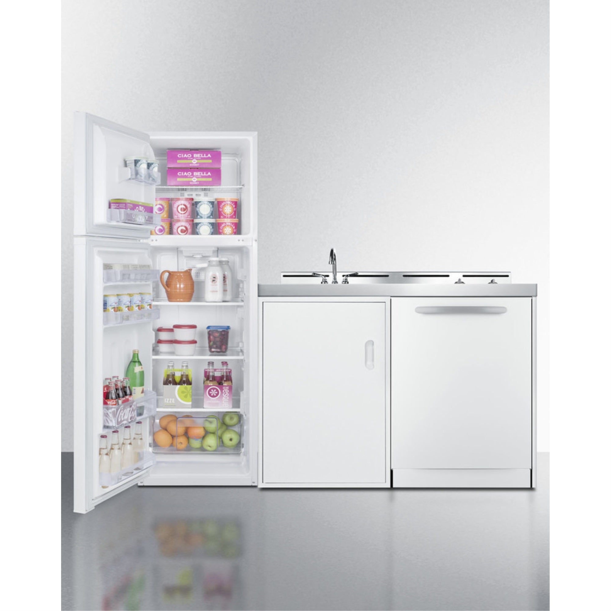 All In One Combination Kitchenette With Full Sized Refrigerator Freezer, Dishwasher, Sink, Storage Cabinet, And 2 Burner Glass C