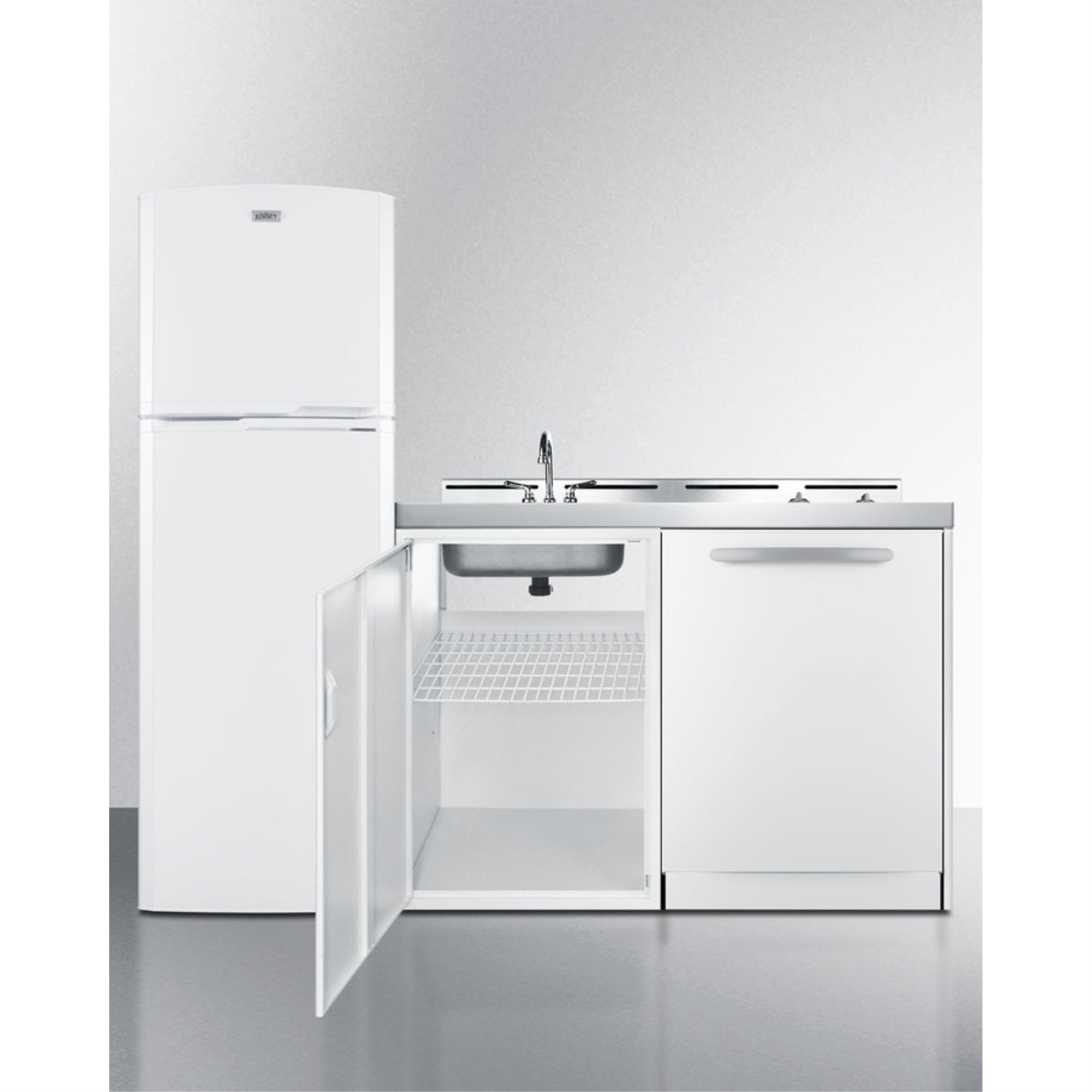 All In One Combination Kitchenette With Full Sized Refrigerator Freezer, Dishwasher, Sink, Storage Cabinet, And 2 Burner Glass C