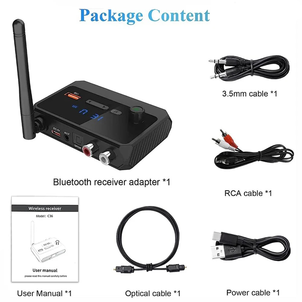 Bluetooth 5.3 Audio Receiver HiFi Wireless Stereo Adapter With RCA AUX Optical USB For Home Stereo Speaker TV Car Audio