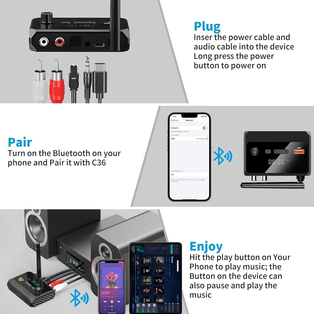 Bluetooth 5.3 Audio Receiver HiFi Wireless Stereo Adapter With RCA AUX Optical USB For Home Stereo Speaker TV Car Audio