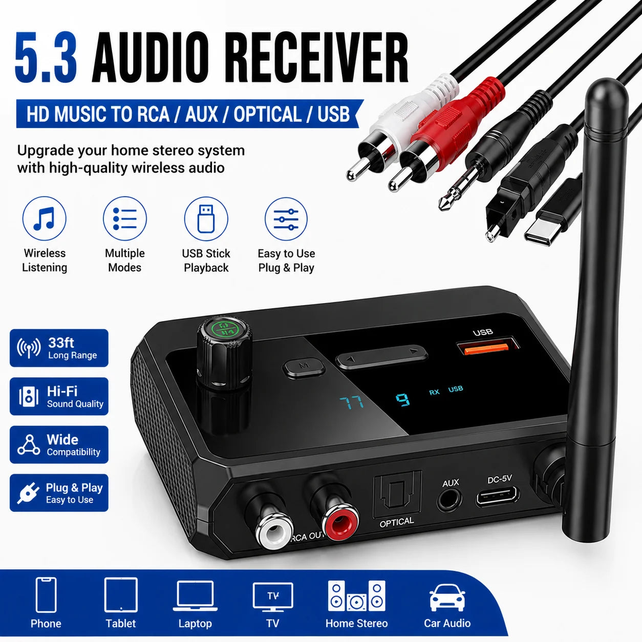 Bluetooth 5.3 Audio Receiver HiFi Wireless Stereo Adapter With RCA AUX Optical USB For Home Stereo Speaker TV Car Audio