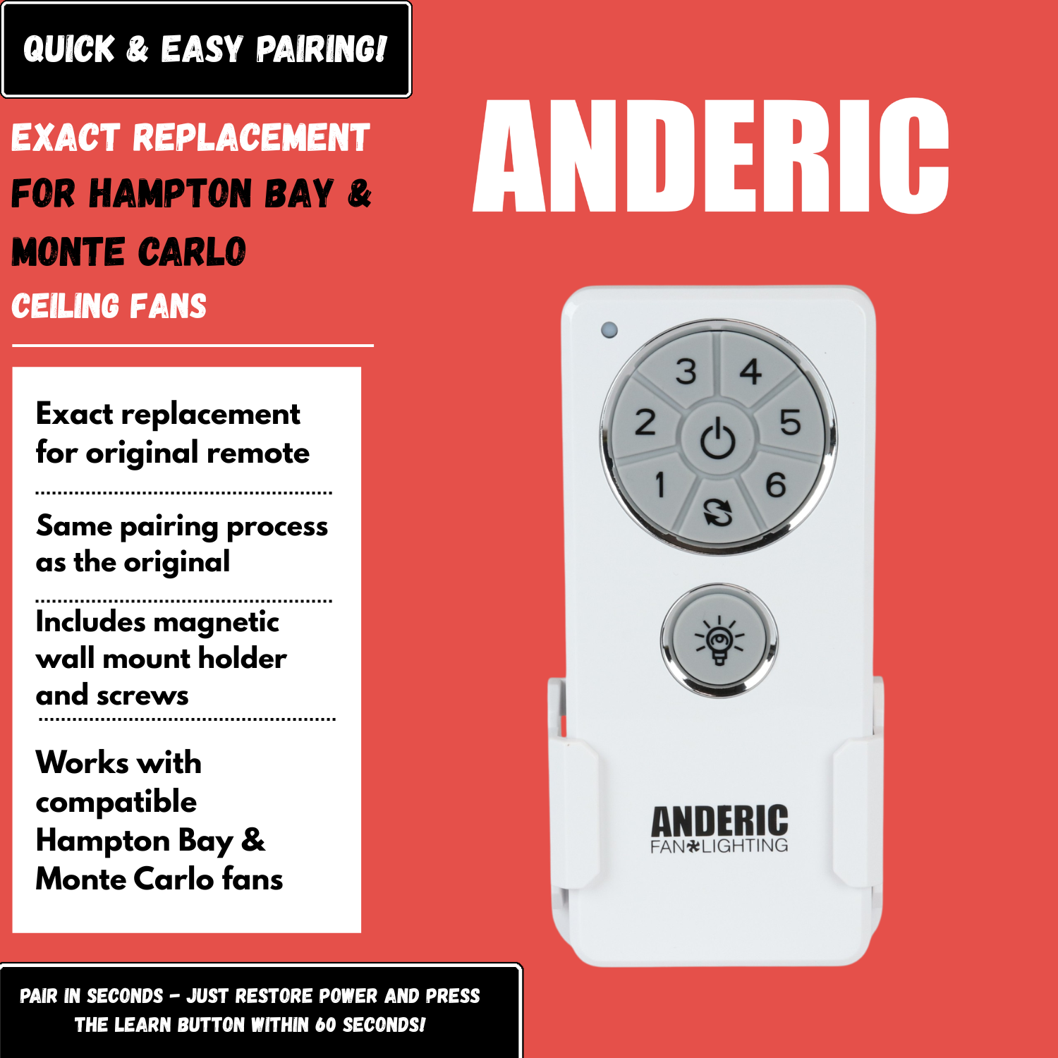 Anderic DC1 Replacement Ceiling Fan Remote Control for Hampton Bay, Monte Carlo, and others
