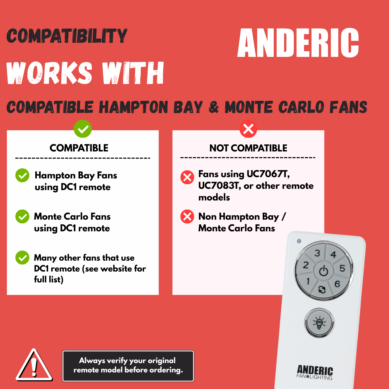 Anderic DC1 Replacement Ceiling Fan Remote Control for Hampton Bay, Monte Carlo, and others