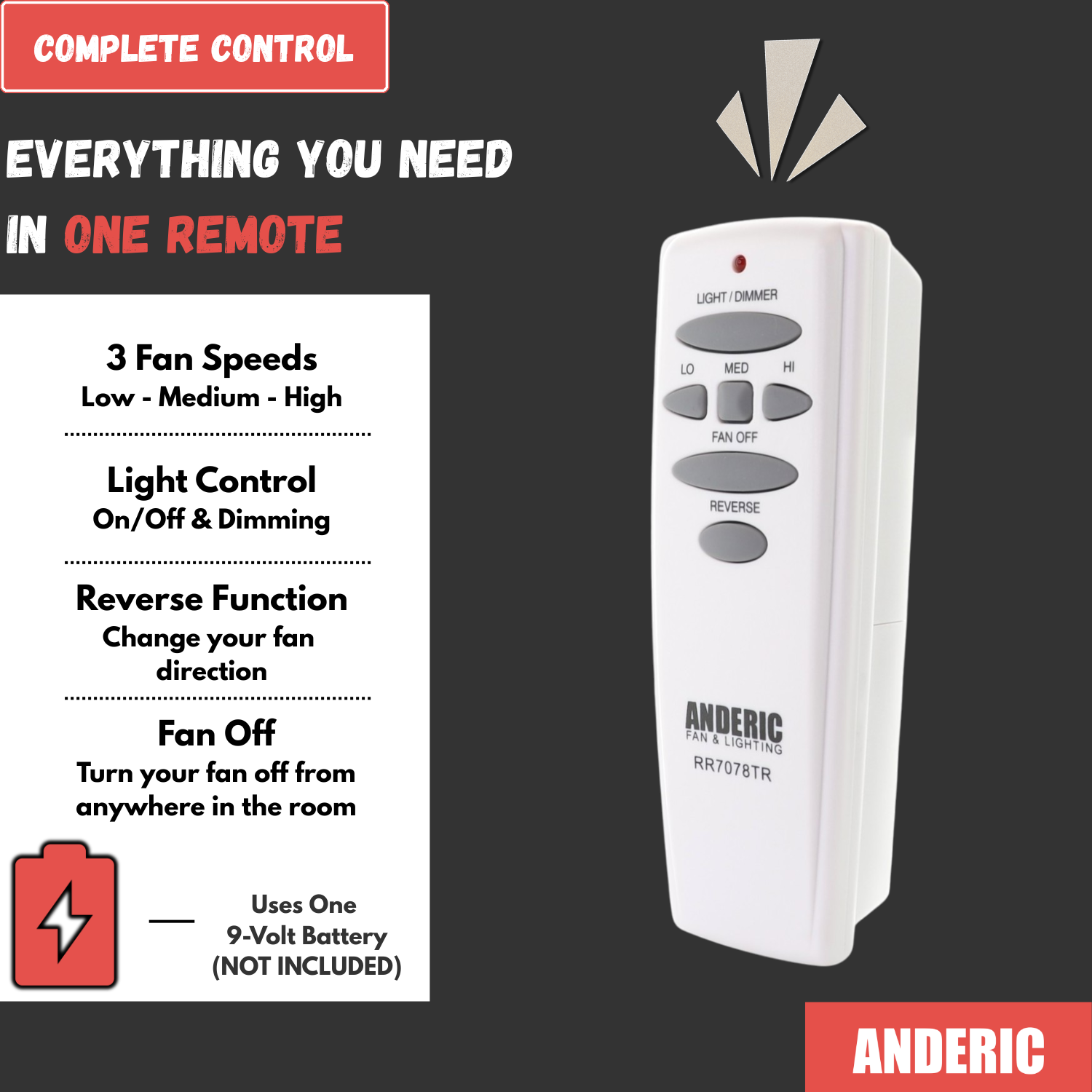 Anderic RR7078TR with Reverse Ceiling Fan Remote Control for Hampton Bay | HD6 | UC7078T | CHQ7078T