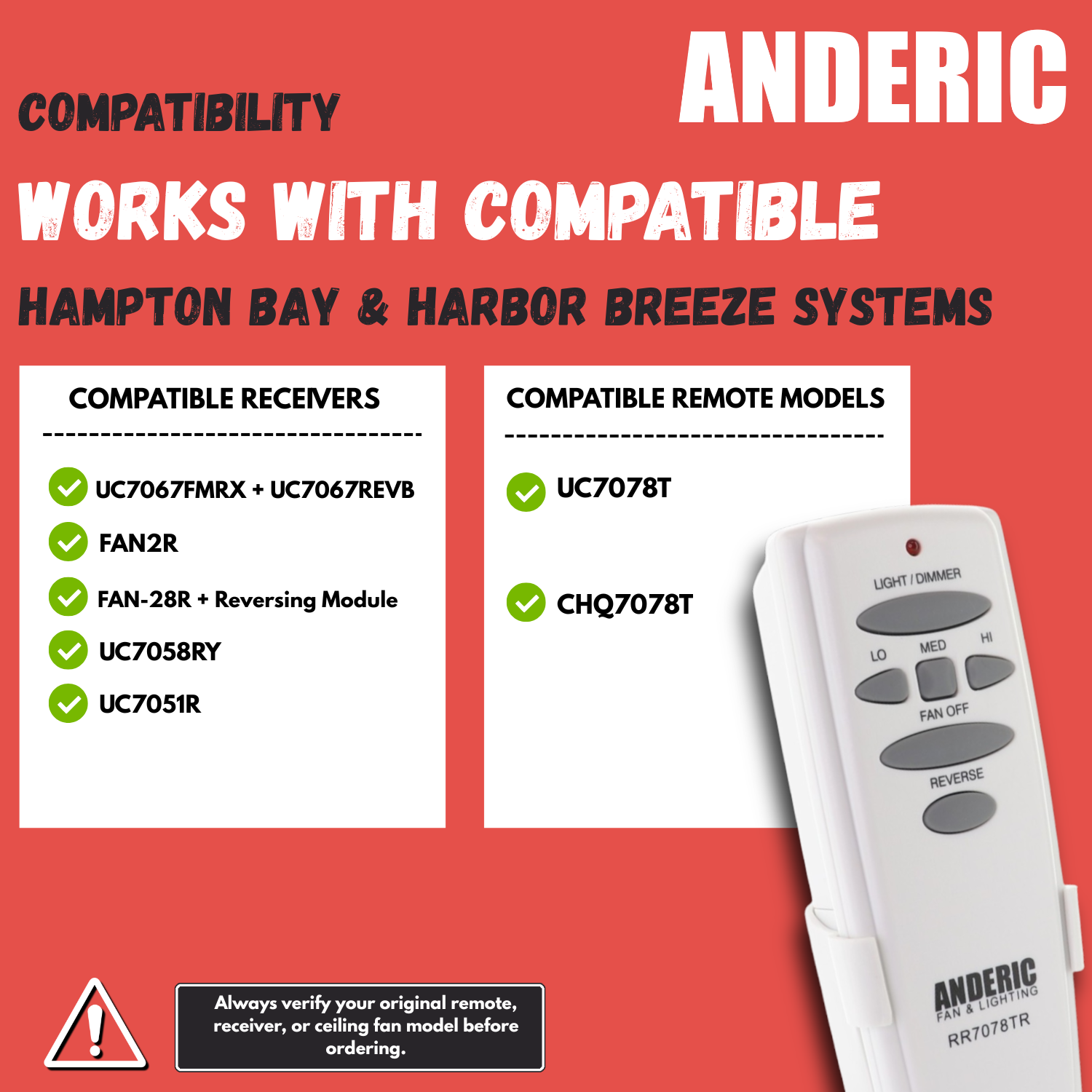 Anderic RR7078TR with Reverse Ceiling Fan Remote Control for Hampton Bay | HD6 | UC7078T | CHQ7078T