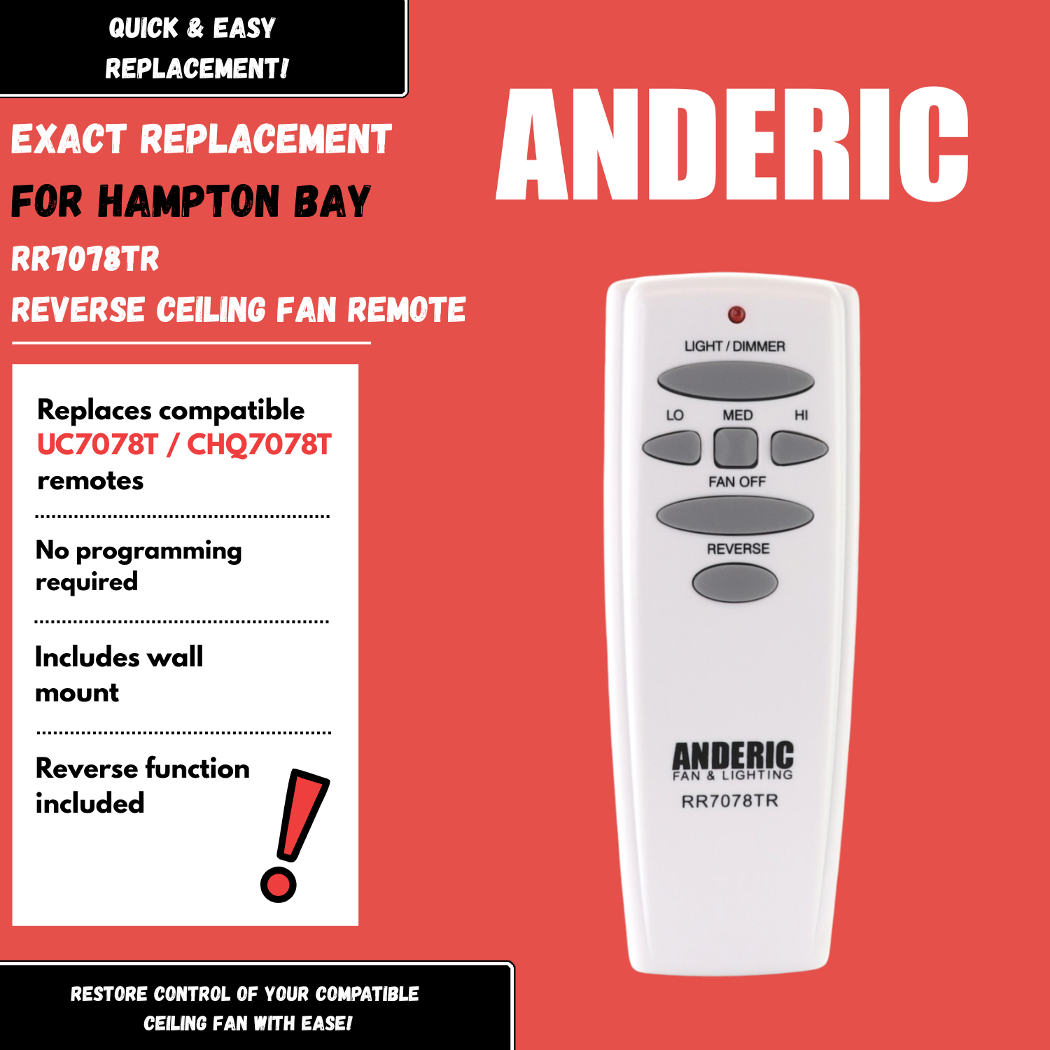 Anderic RR7078TR with Reverse Ceiling Fan Remote Control for Hampton Bay | HD6 | UC7078T | CHQ7078T