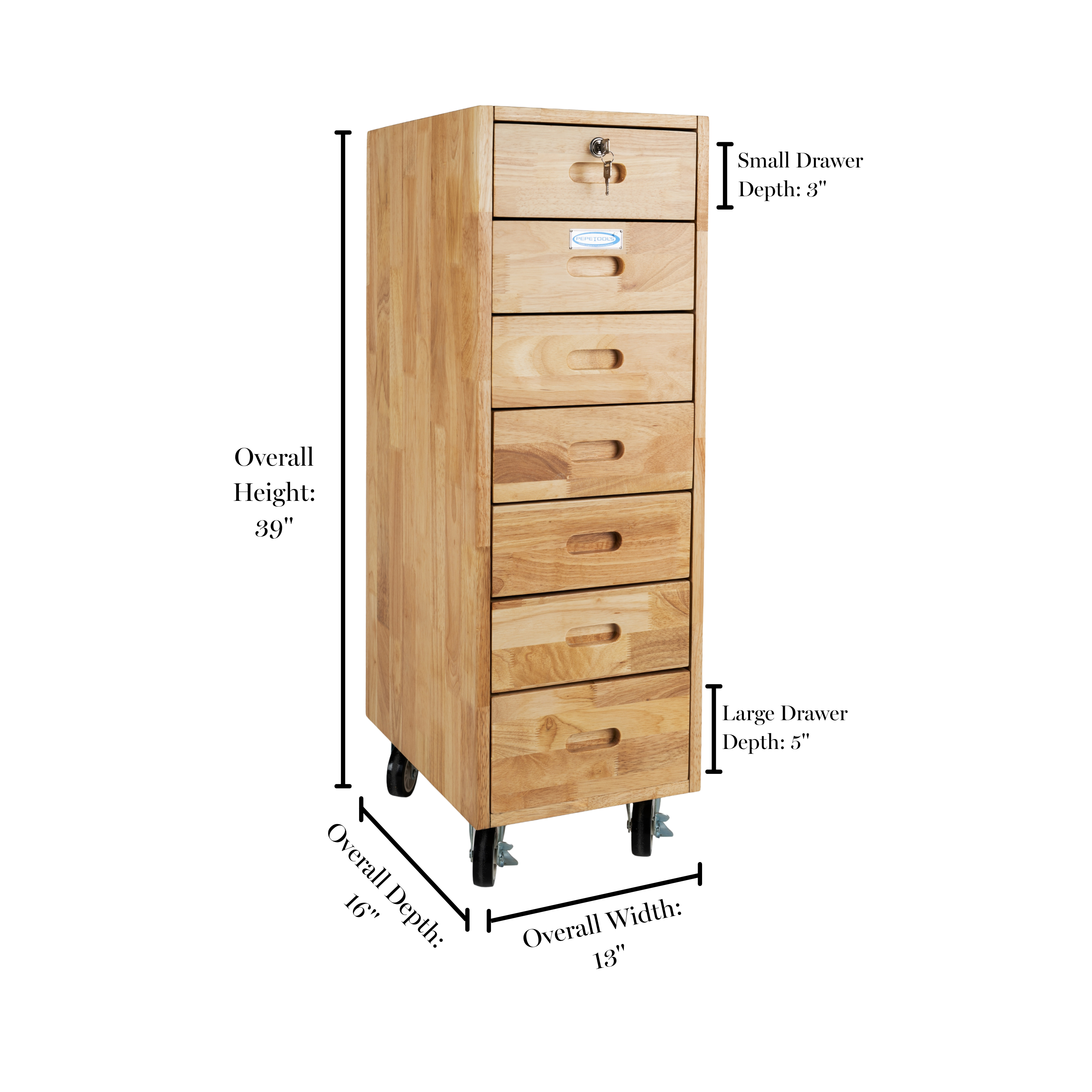7 Drawer Rolling Cabinet - Heavy Duty Casters, Hardwood