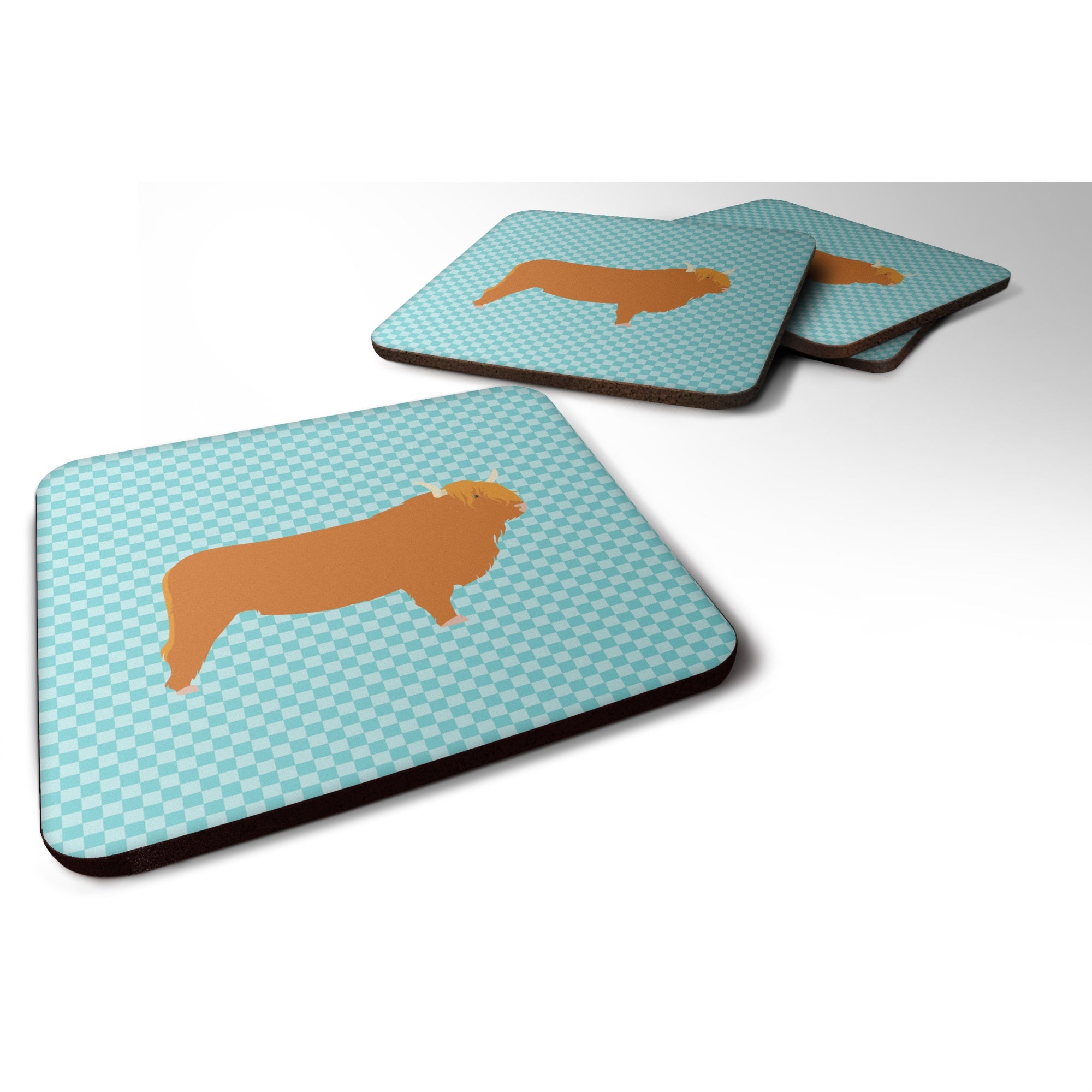 'Caroline'S Treasures Highland Cow Blue Check Decorative Coasters, 3.5'''', Multicolor''