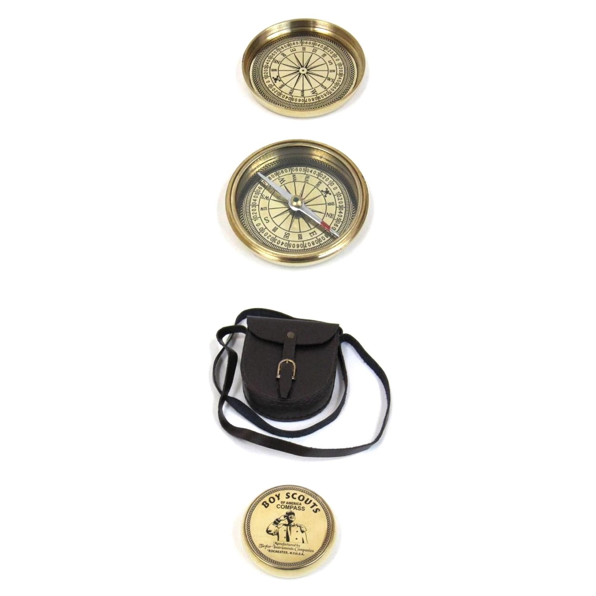 Solid Brass Boy Scout Compass w/ Faux Leather Pouch