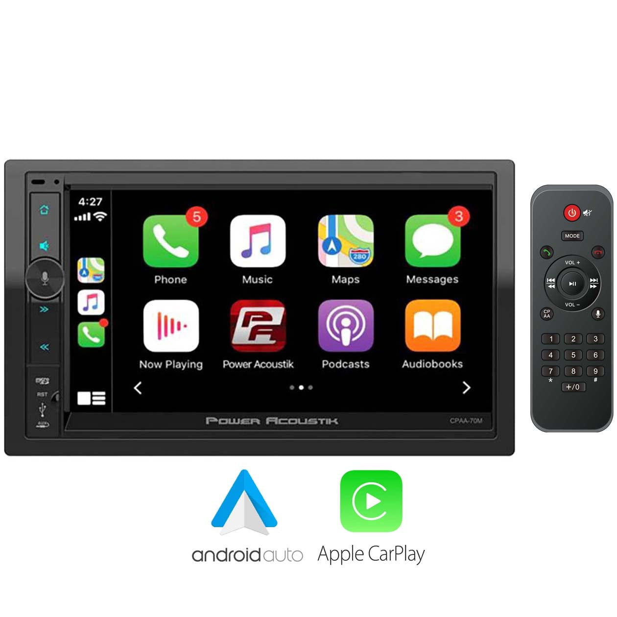 Power Acoustik 7 Double Din Fixed Face Touchscreen Mechless Receiver With Bluetooth Apple Car Pla