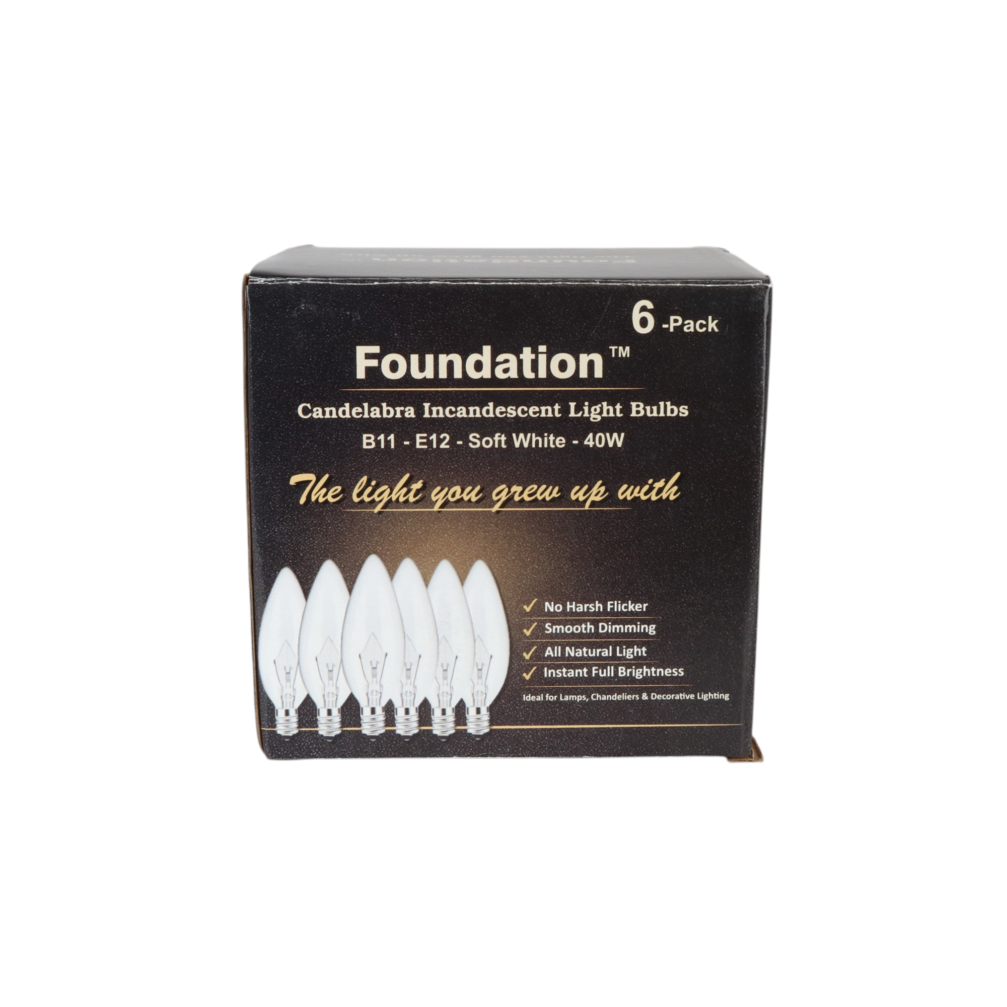 Anderic Foundation™ 40-Watt Incandescent Dimmable Light Bulb - 2700K Soft White, E12 Candelabra Base, Torpedo - 6-Pack
