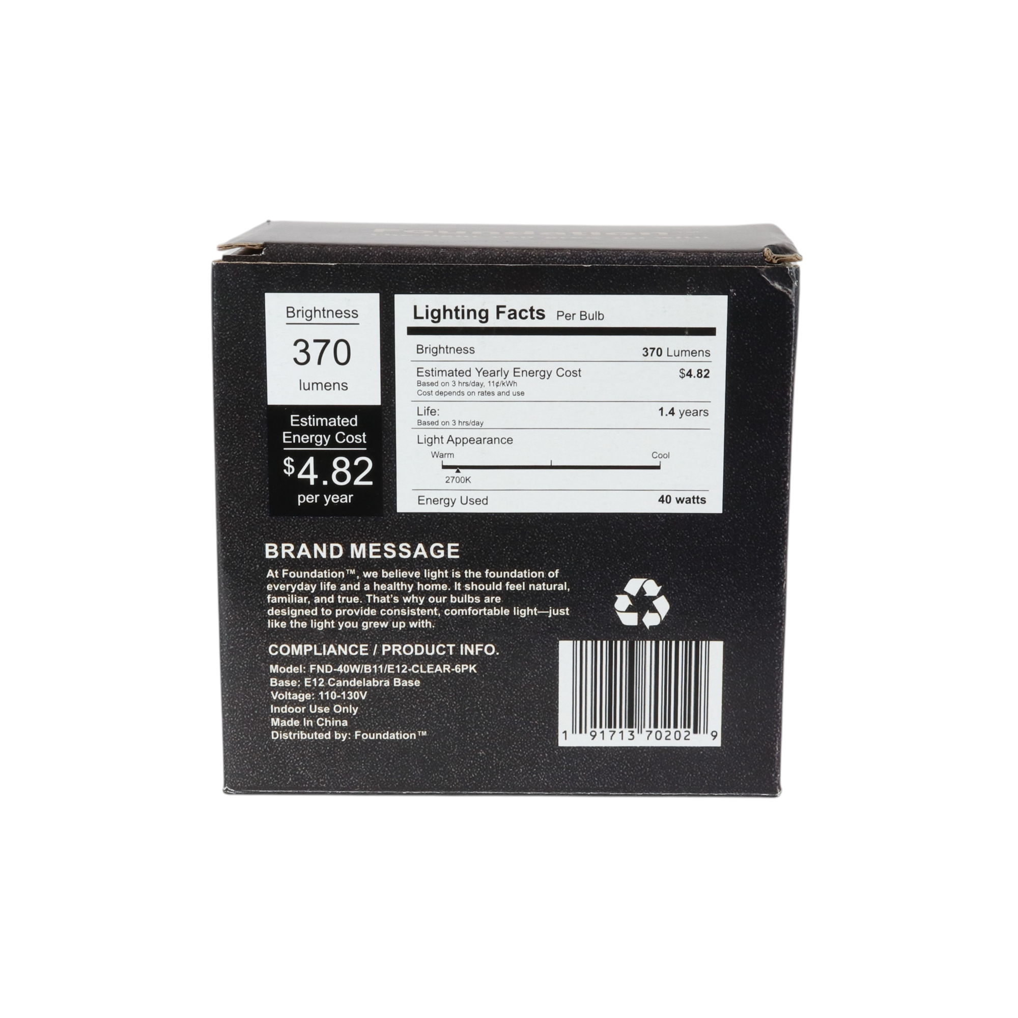 Anderic Foundation™ 40-Watt Incandescent Dimmable Light Bulb - 2700K Soft White, E12 Candelabra Base, Torpedo - 6-Pack