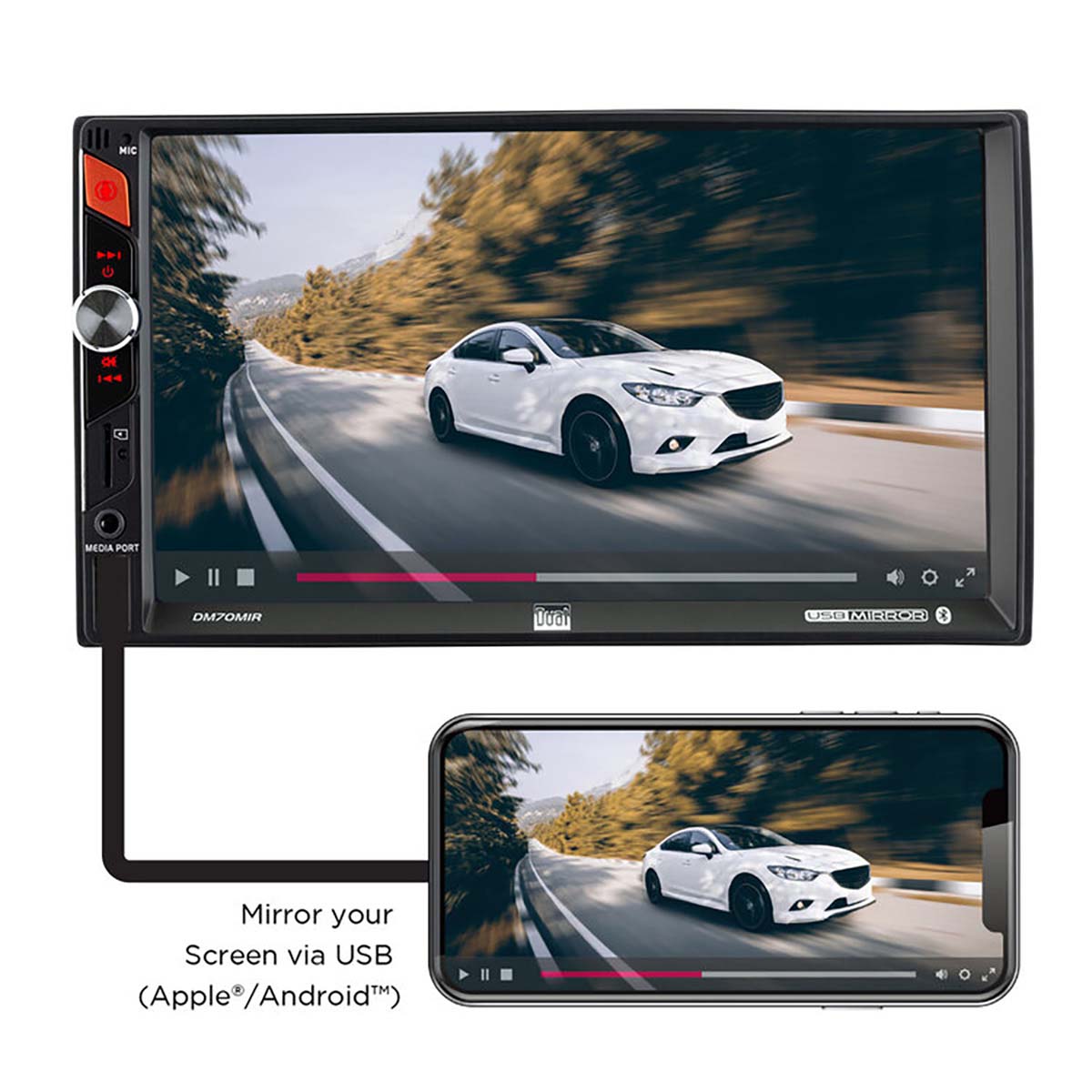 Dual 7'' Mechless Double Din Multimedia Bluetooth Receiver Usb Mirroring For Android & Apple