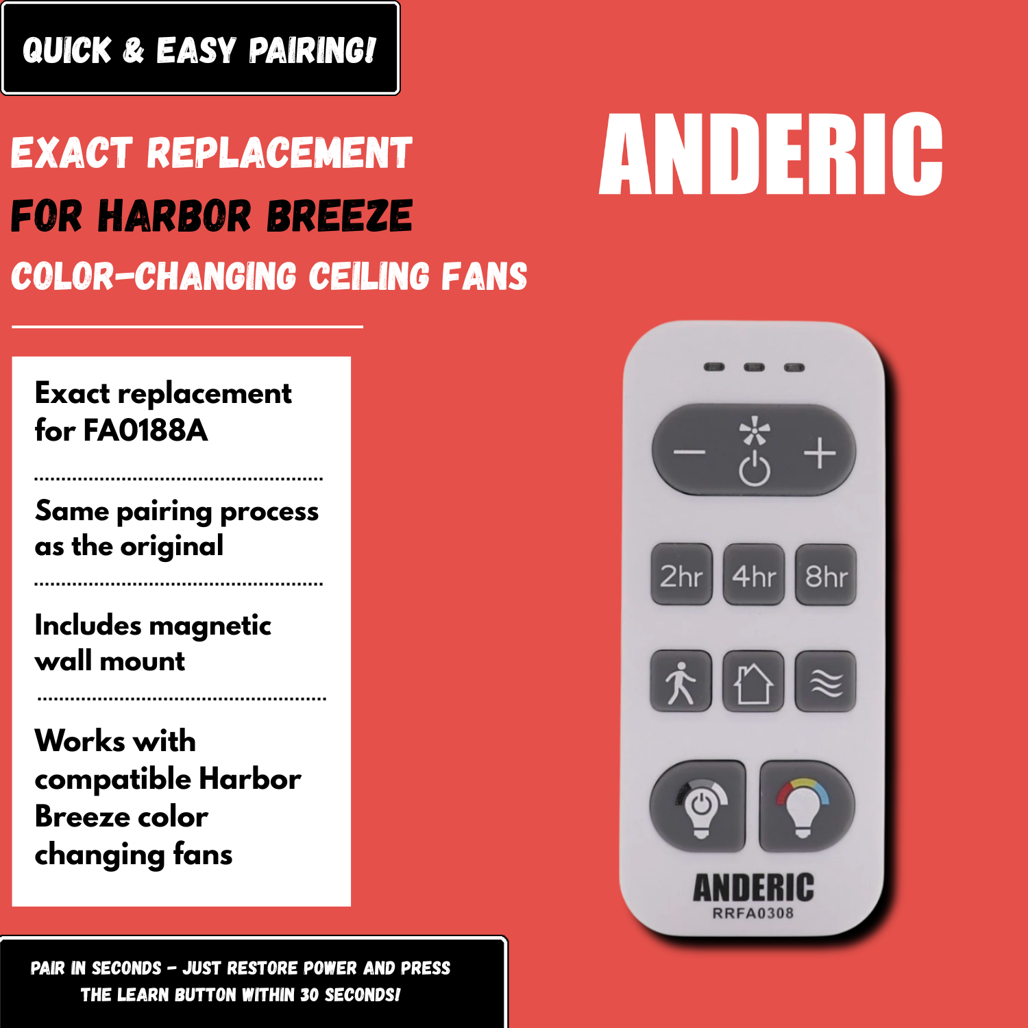 Anderic RRFA0308 Ceiling fan Remote Control for Harbor Breeze Boltz III, Mac III, Reverdy, Flanagan III, and Crestwell Fans - A25-FA0188A