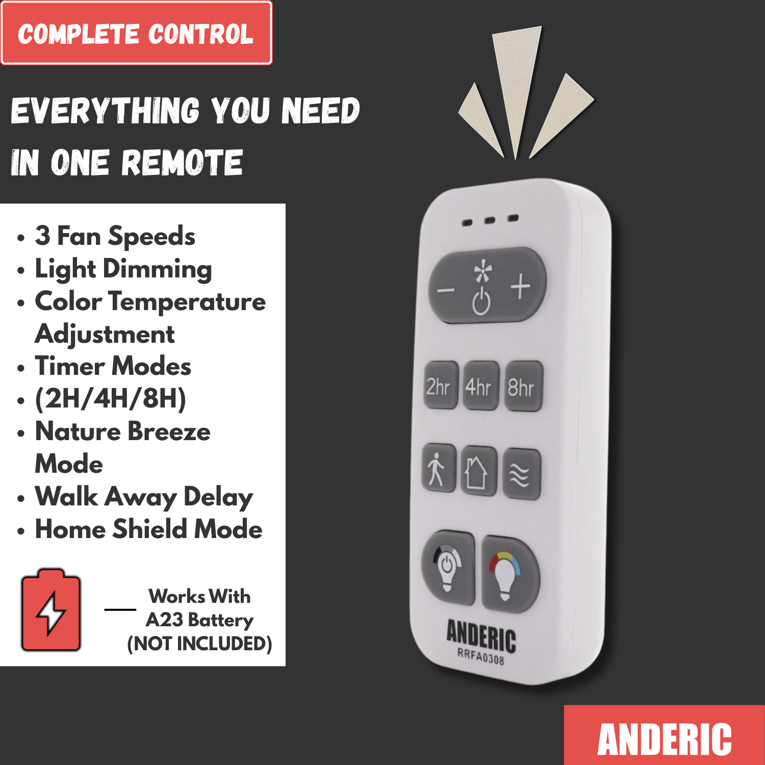 Anderic RRFA0308 Ceiling fan Remote Control for Harbor Breeze Boltz III, Mac III, Reverdy, Flanagan III, and Crestwell Fans - A25-FA0188A
