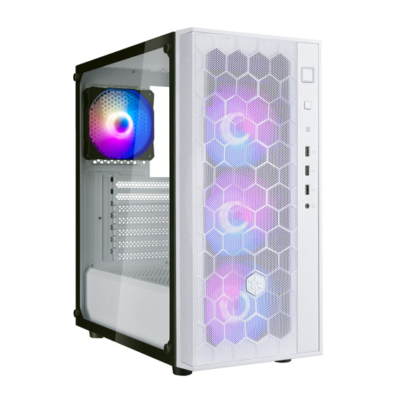 White Plastic, Mesh Bezel White Steel Body Support Atx Mb 1 X 3.5'', 4 X 2.5''  3 X 120Mm Argb Front Fan, 1 X 120Mm Argb Rear Fa