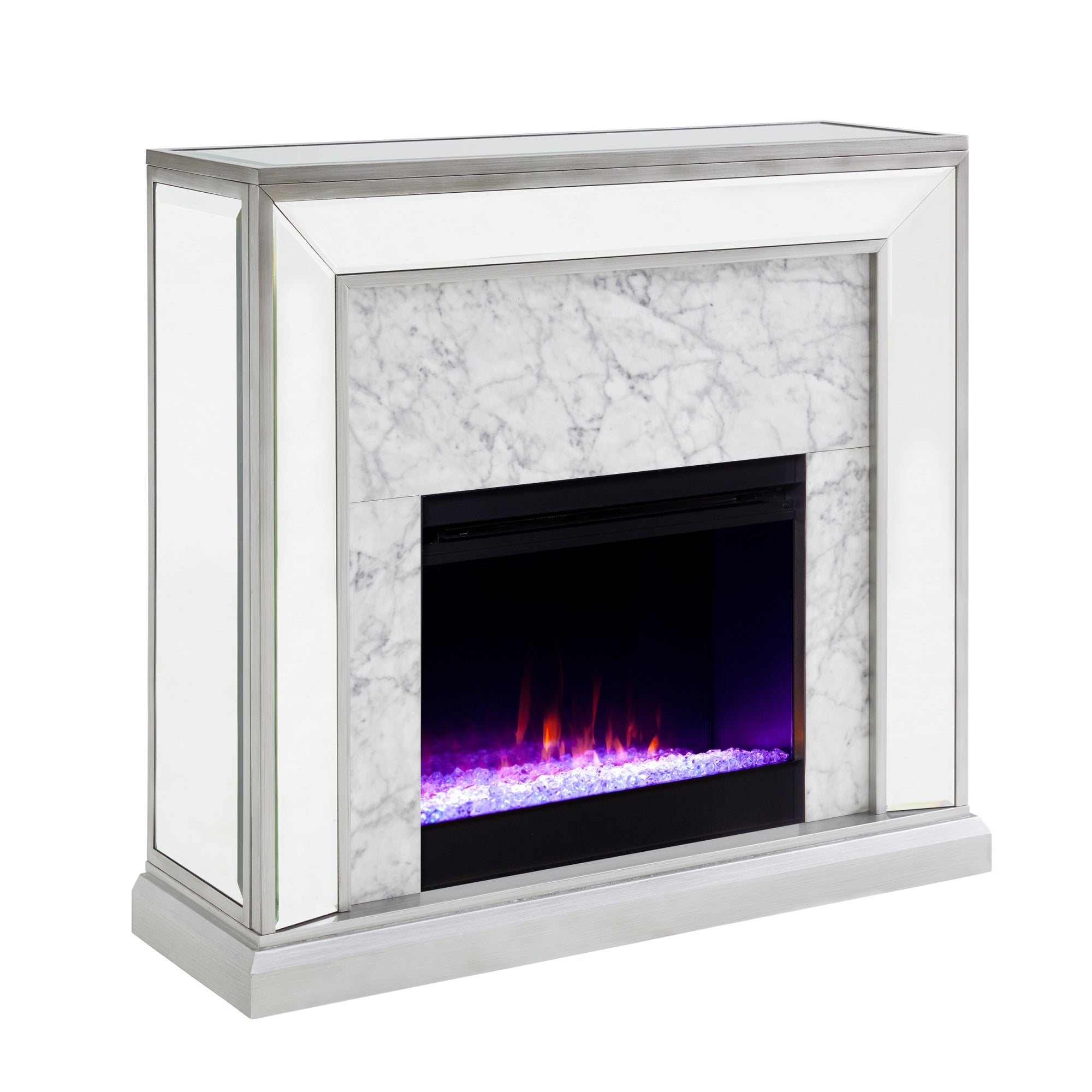 Trandling Mirrored Faux Stone Fireplace With Color Changing Firebox